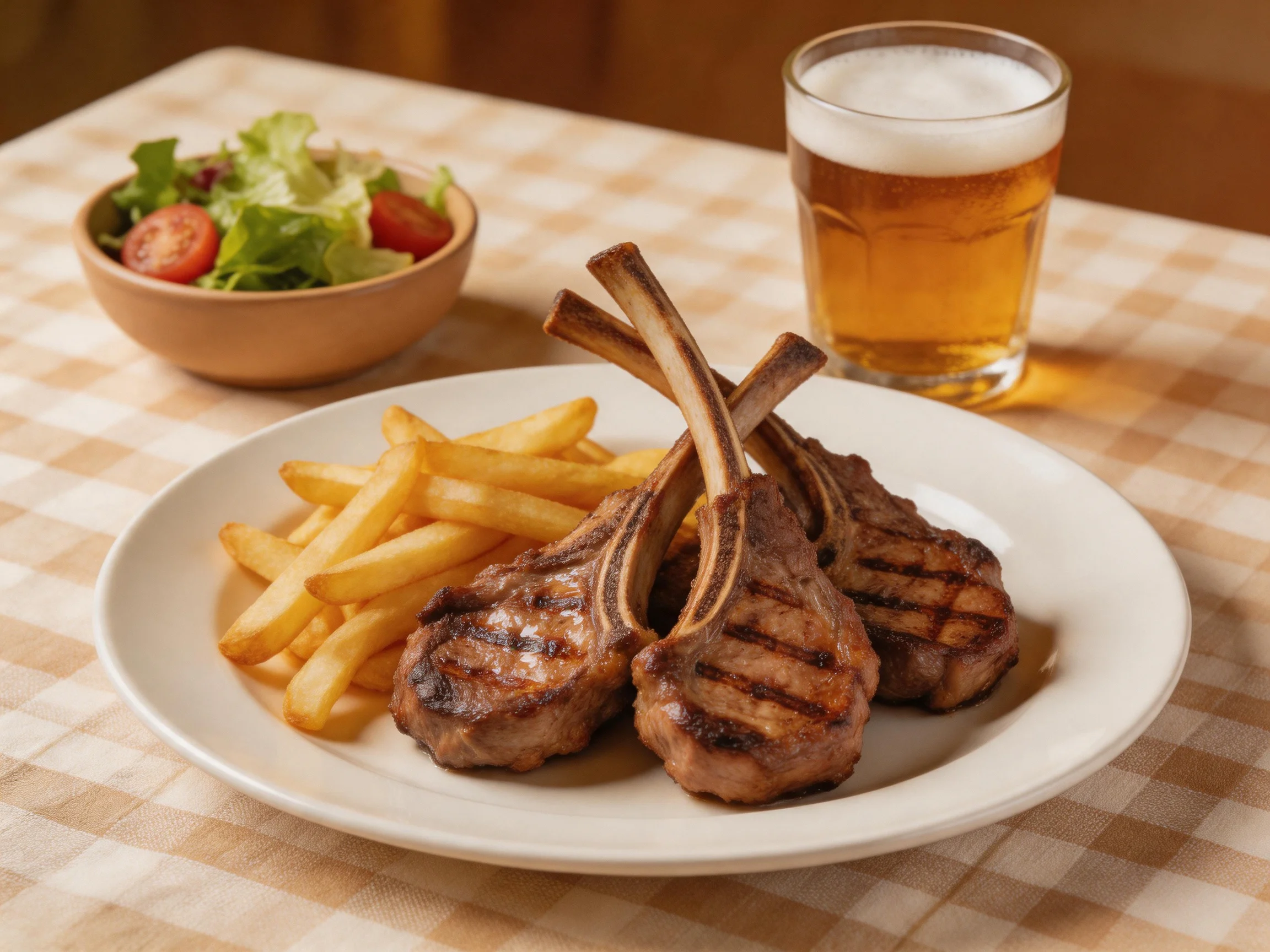 Grilled lamb chops, French fries, salad, and beer on a checkered table