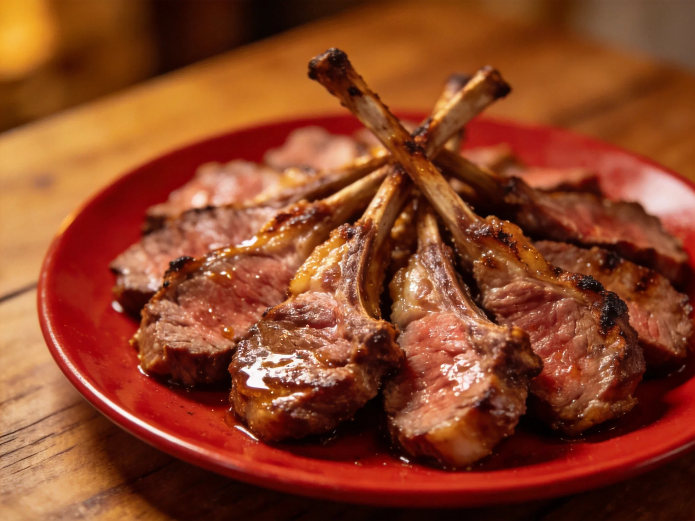Grilled lamb chops artfully arranged on a red plate