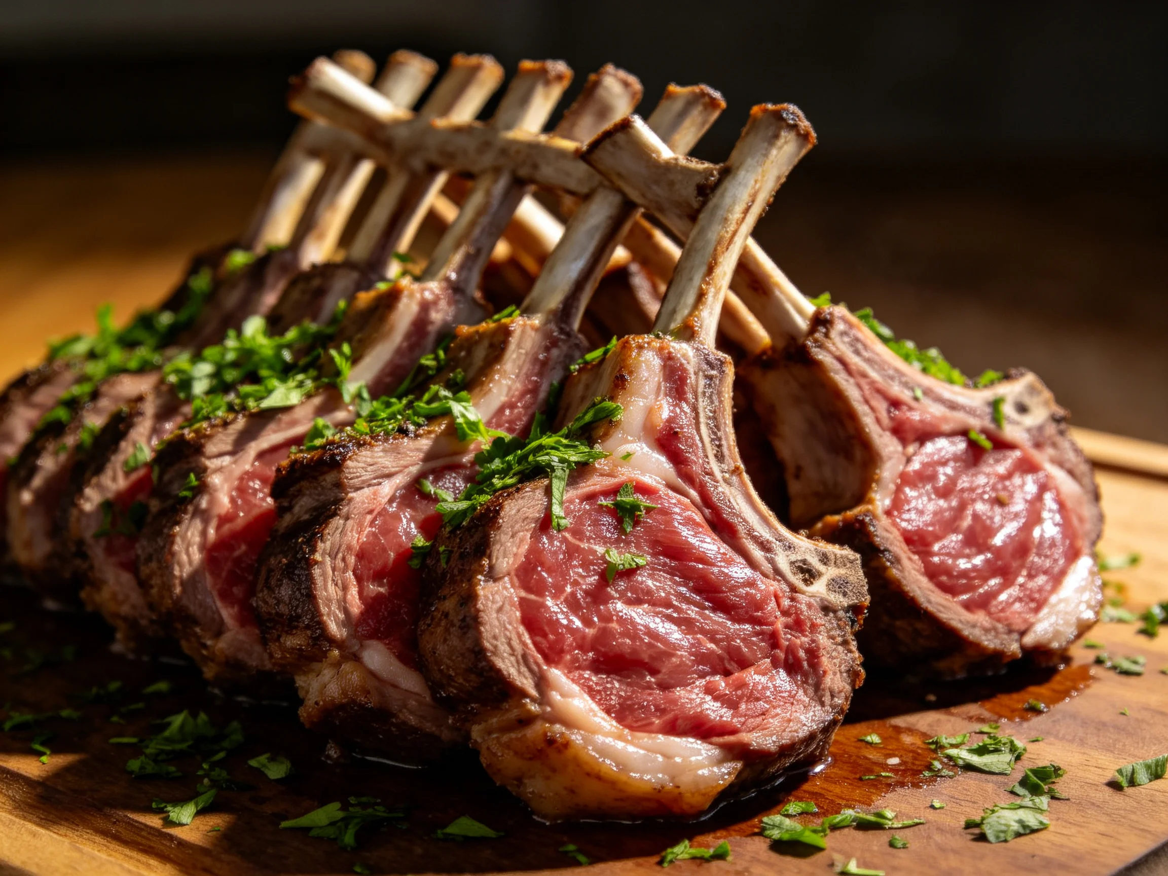Grilled lamb chops garnished with parsley on a wooden board