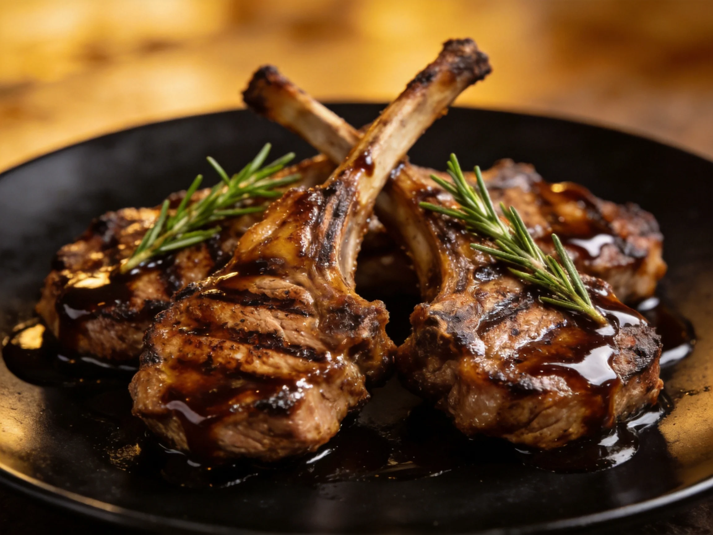 Grilled lamb chops garnished with rosemary on a black plate