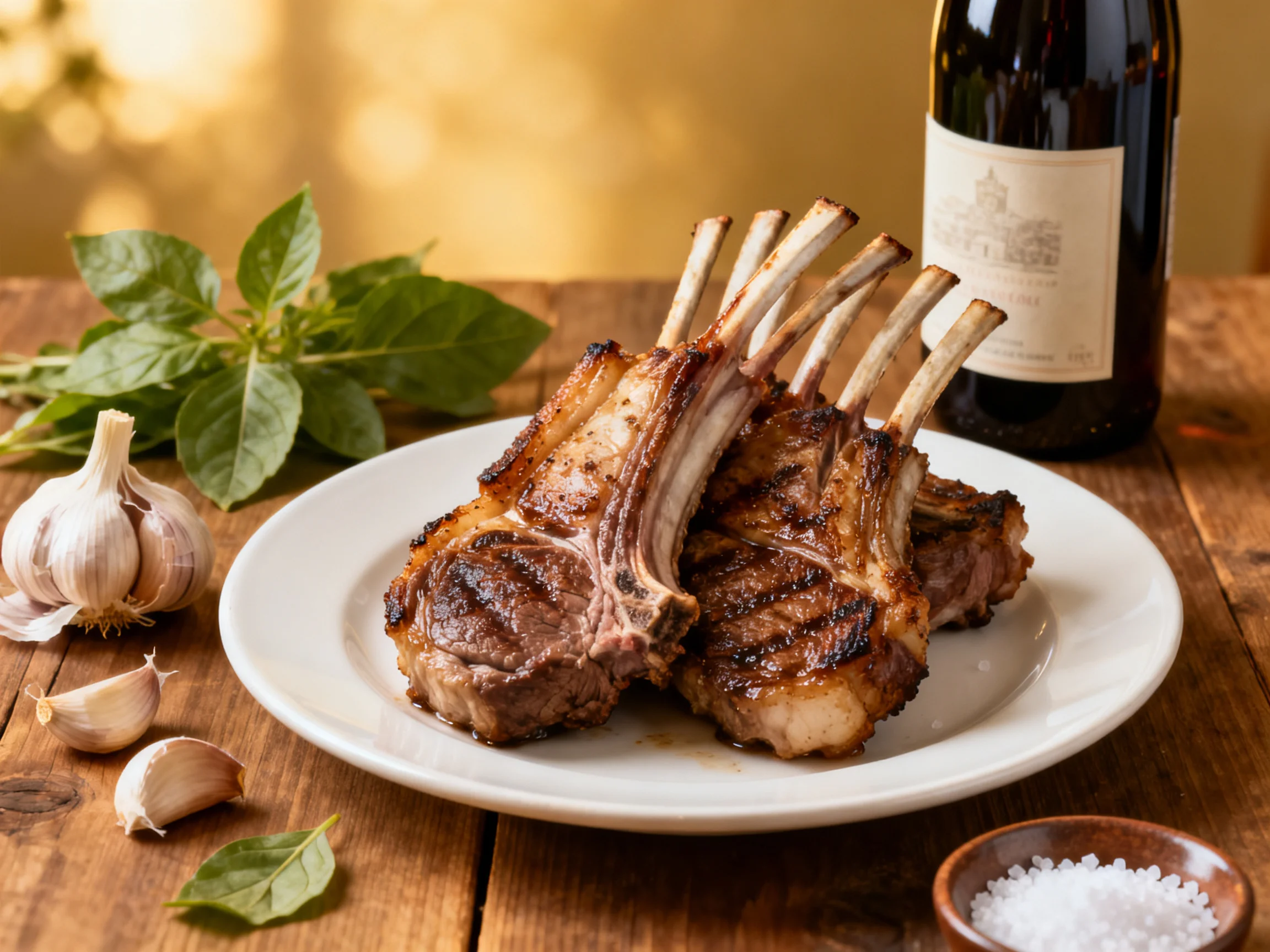 Grilled lamb chops served garlic, basil, and wine on a rustic wooden table