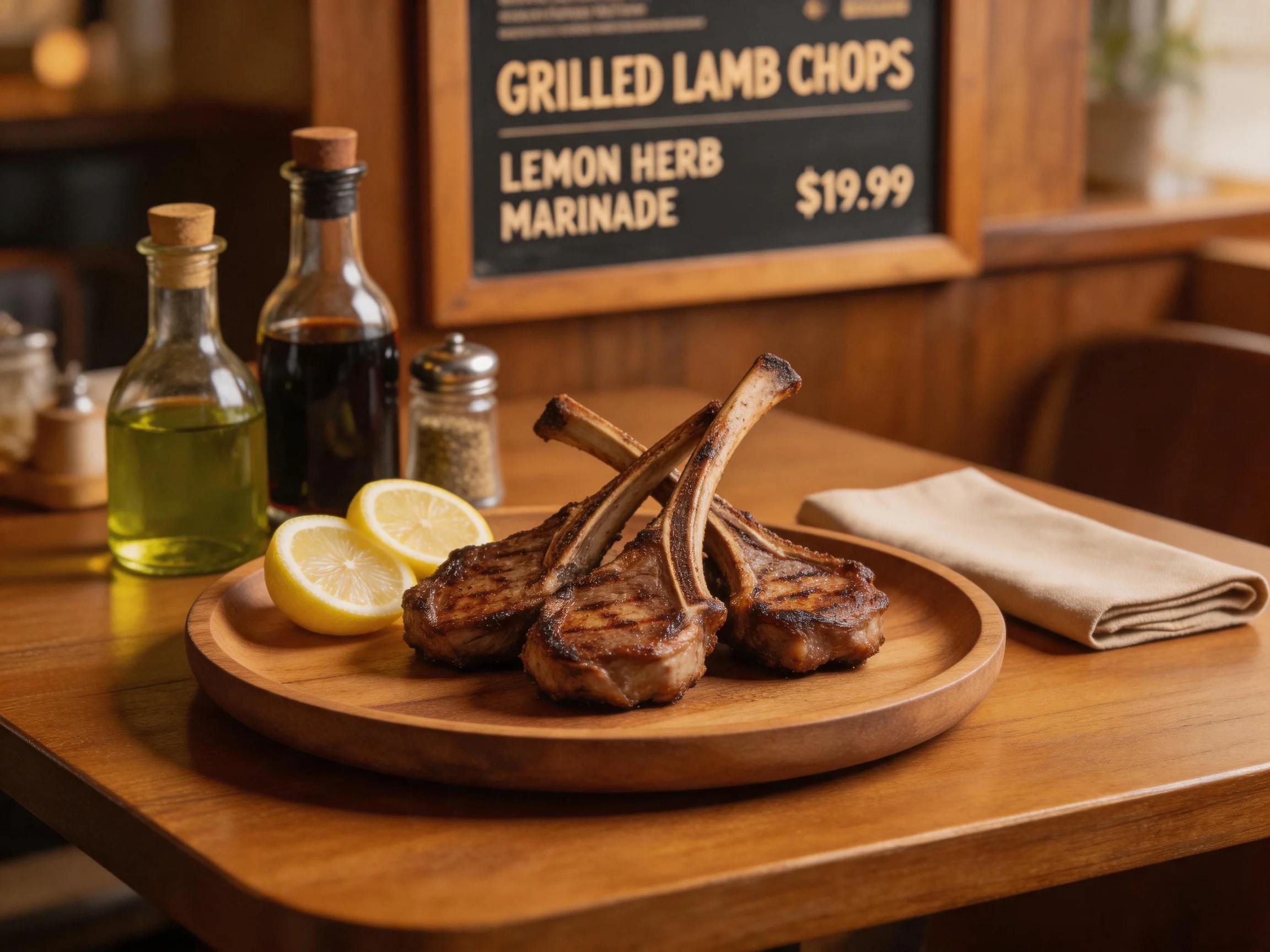 Grilled lamb chops served with lemon slices on a wooden platter near condiment bottles