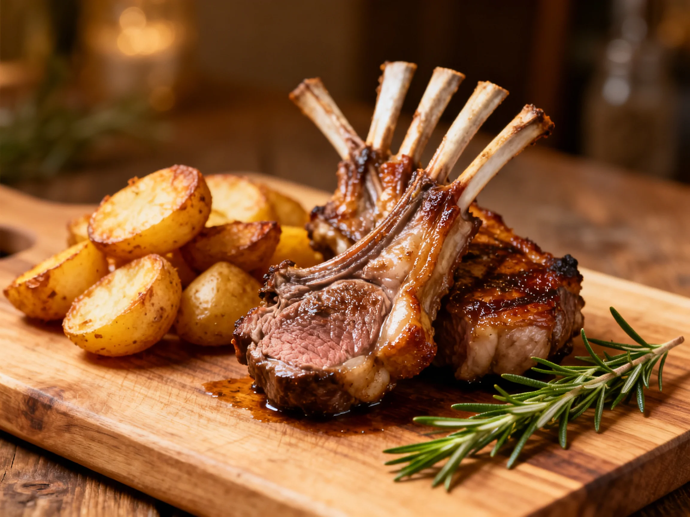 Grilled lamb chops served with roasted potatoes and fresh rosemary