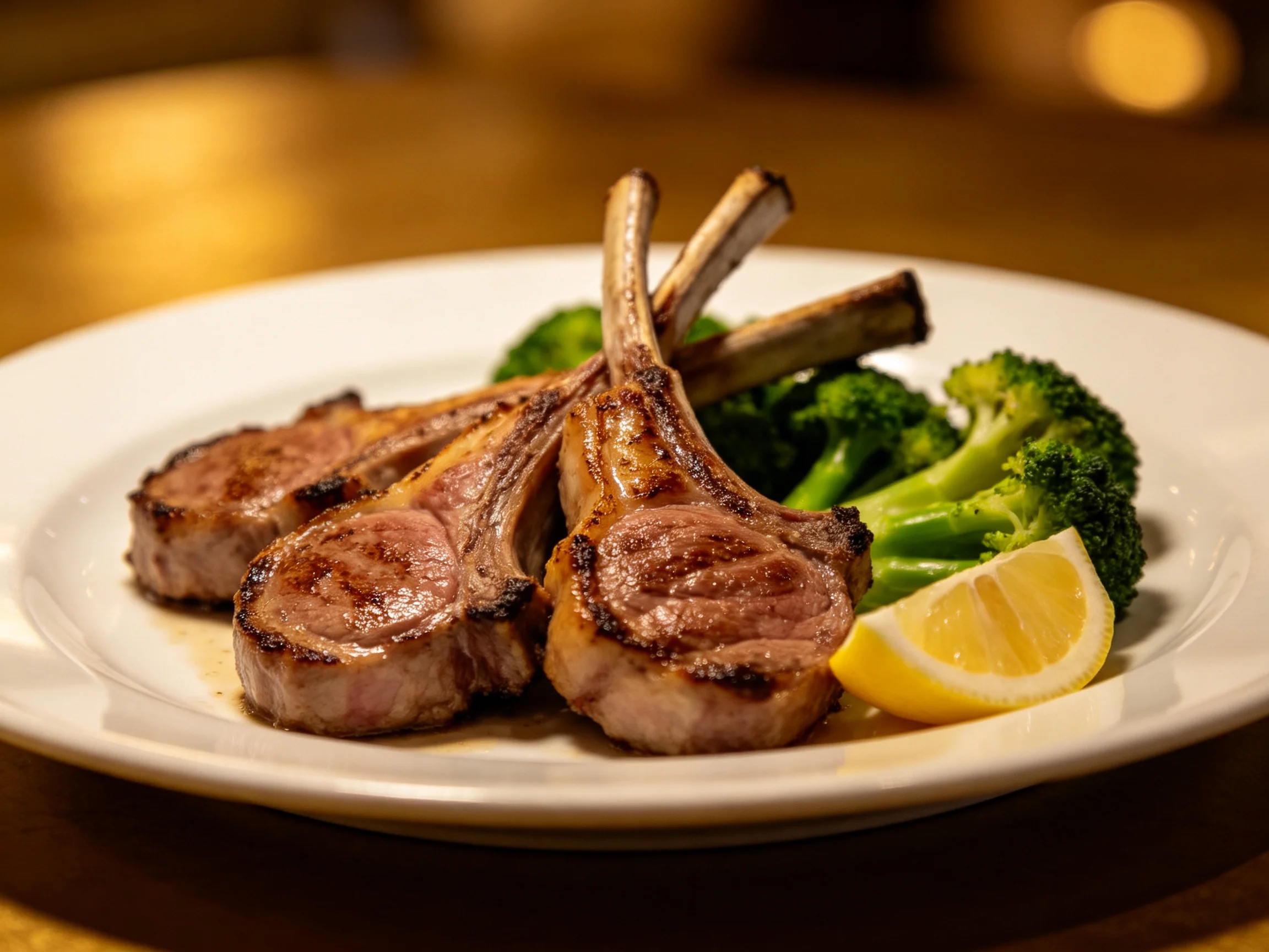 Grilled lamb chops served with steamed broccoli and fresh lemon wedge