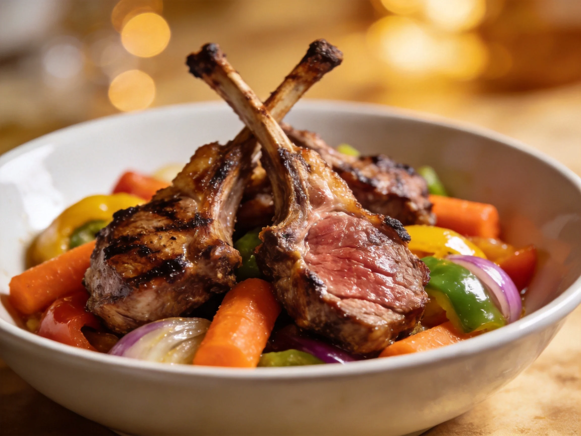Grilled lamb chops served with vibrant mixed roasted vegetables