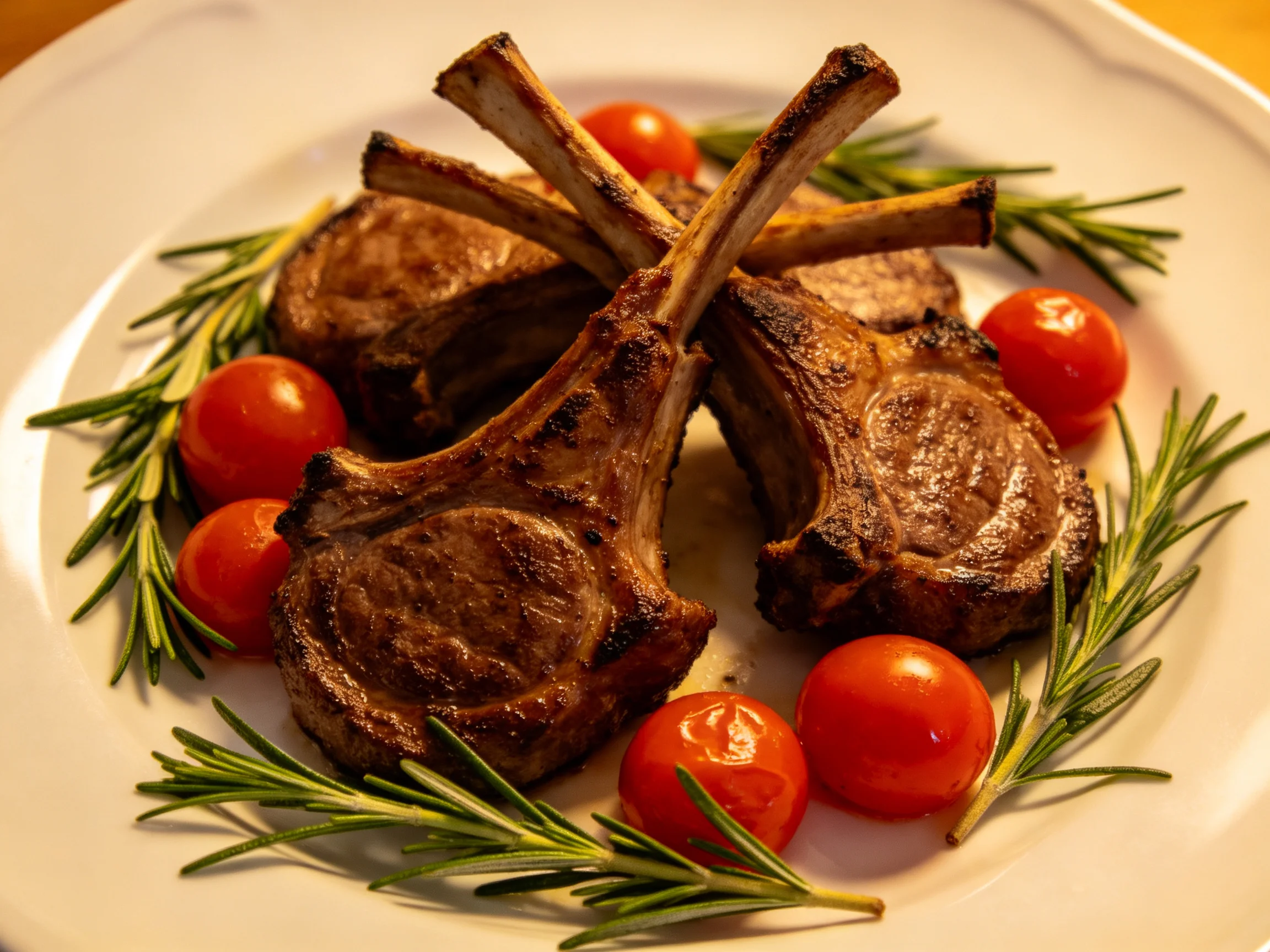 Grilled lamb chops with cherry tomatoes and rosemary garnish