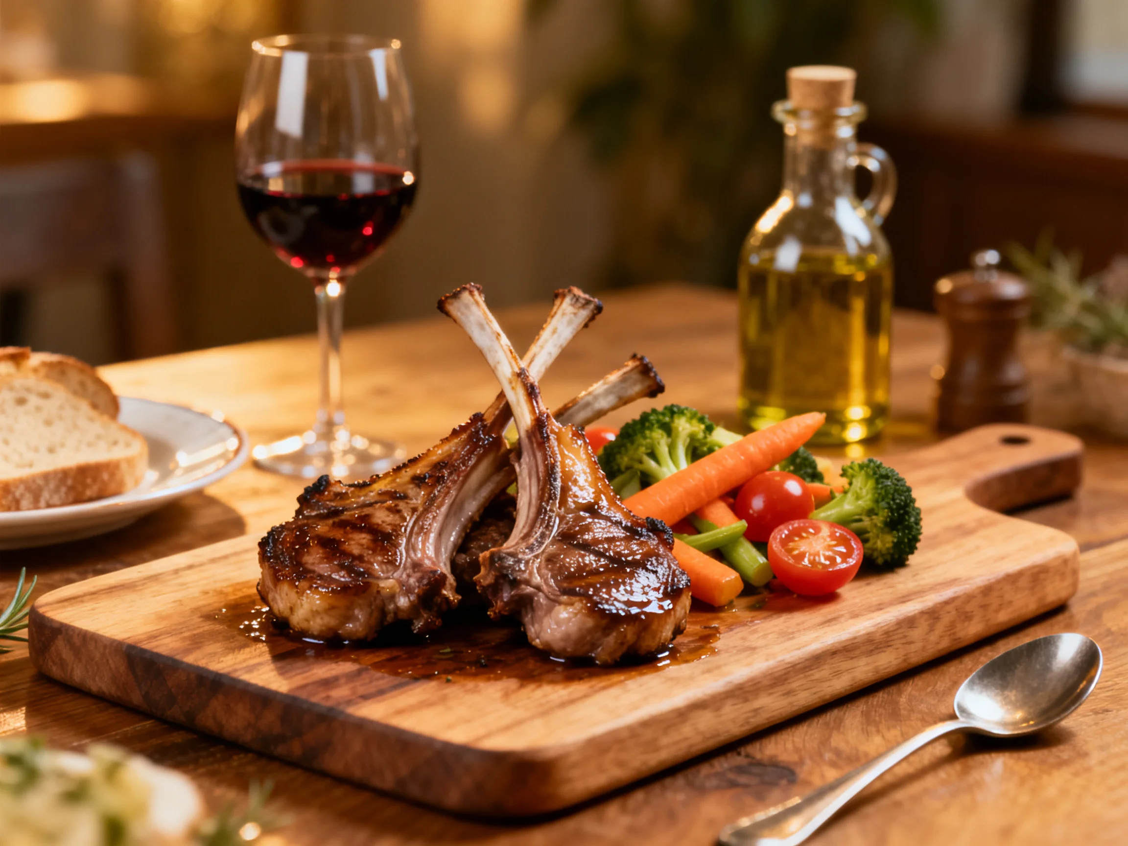 Grilled lamb chops with mixed vegetables, wine, and bread on a wooden board