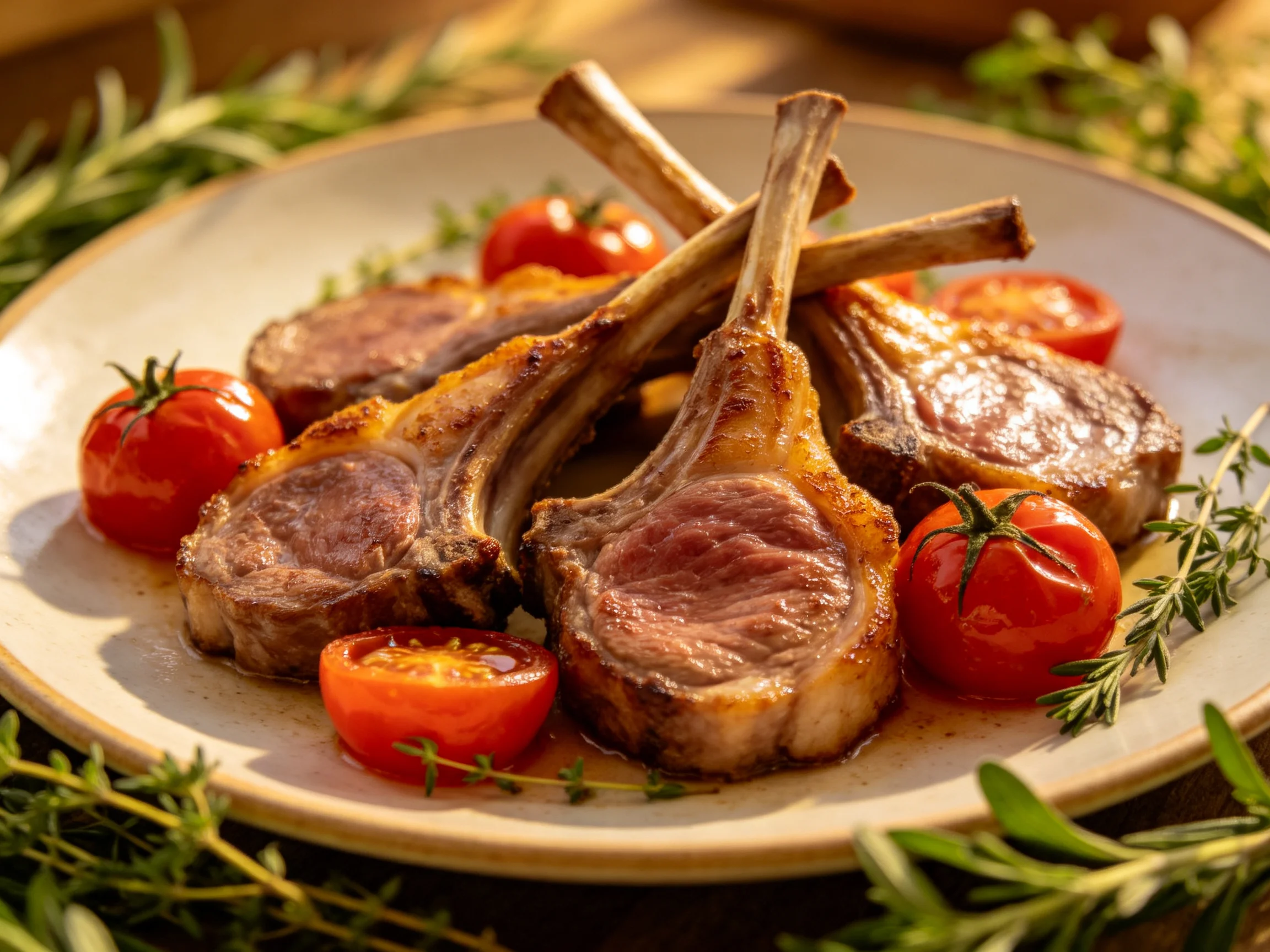 Grilled lamb chops with roasted cherry tomatoes and fresh herbs
