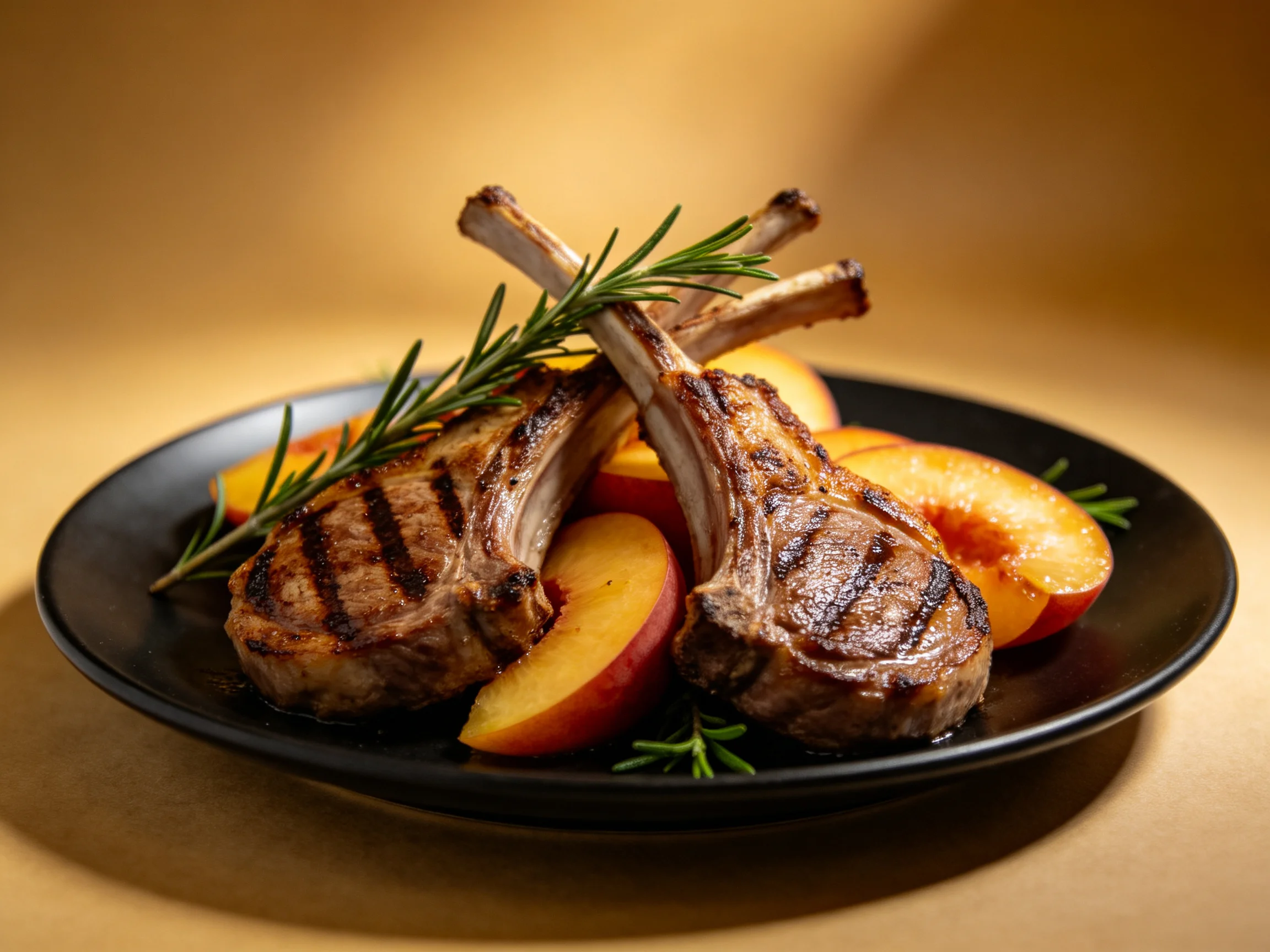 Grilled lamb chops with roasted peaches and fresh rosemary on a black plate