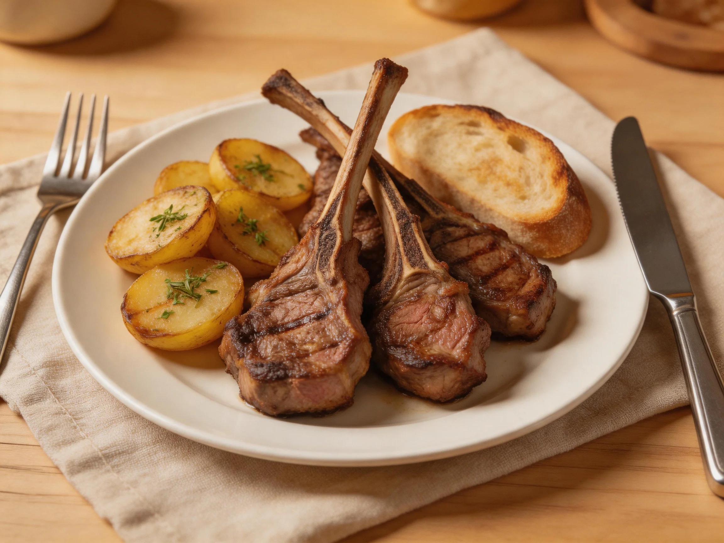 Grilled lamb chops with roasted potatoes and toasted bread