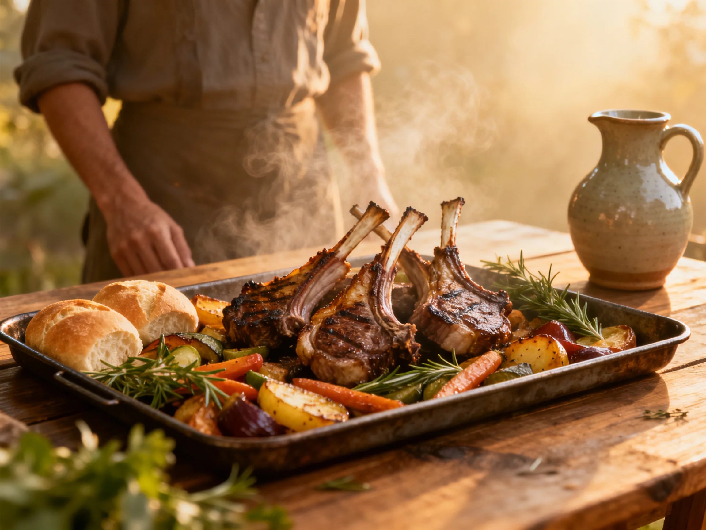 Grilled lamb chops with roasted vegetables and bread on a wooden table