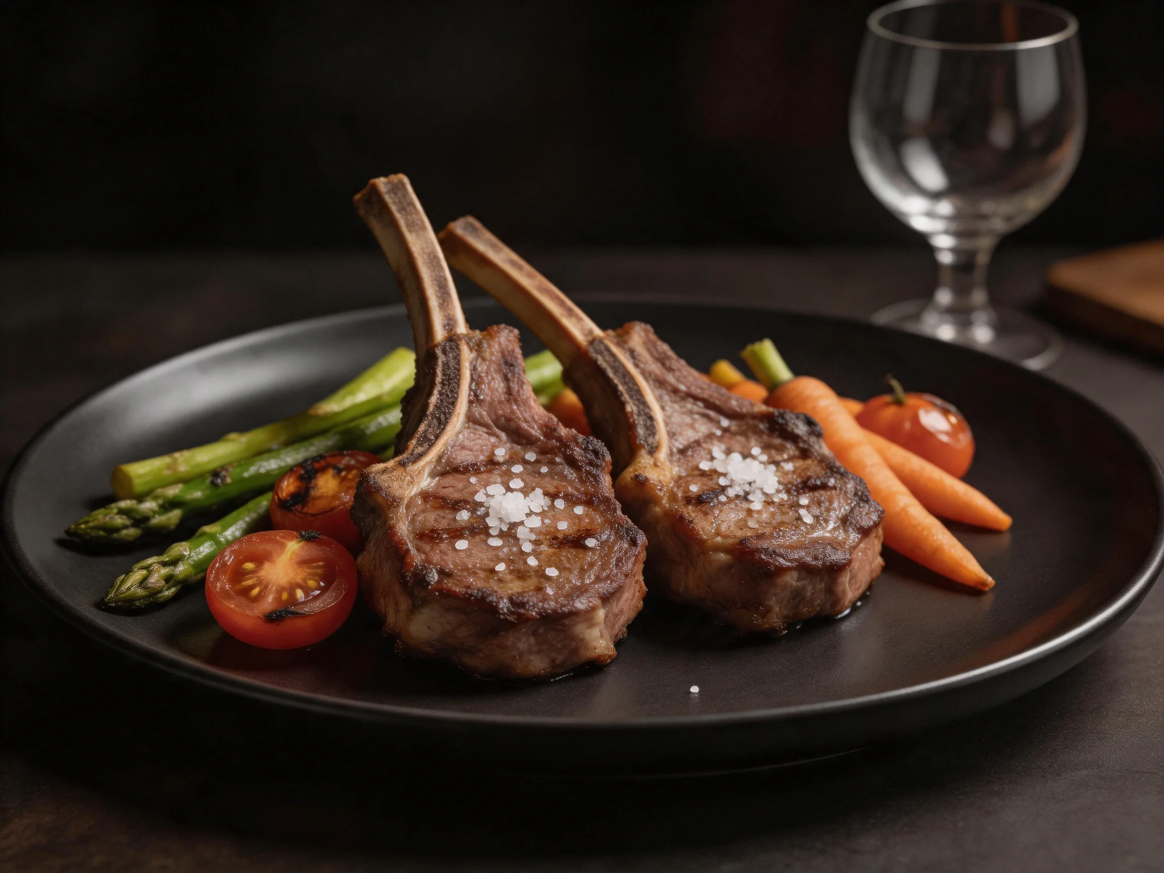 Grilled lamb chops with roasted vegetables on a black plate