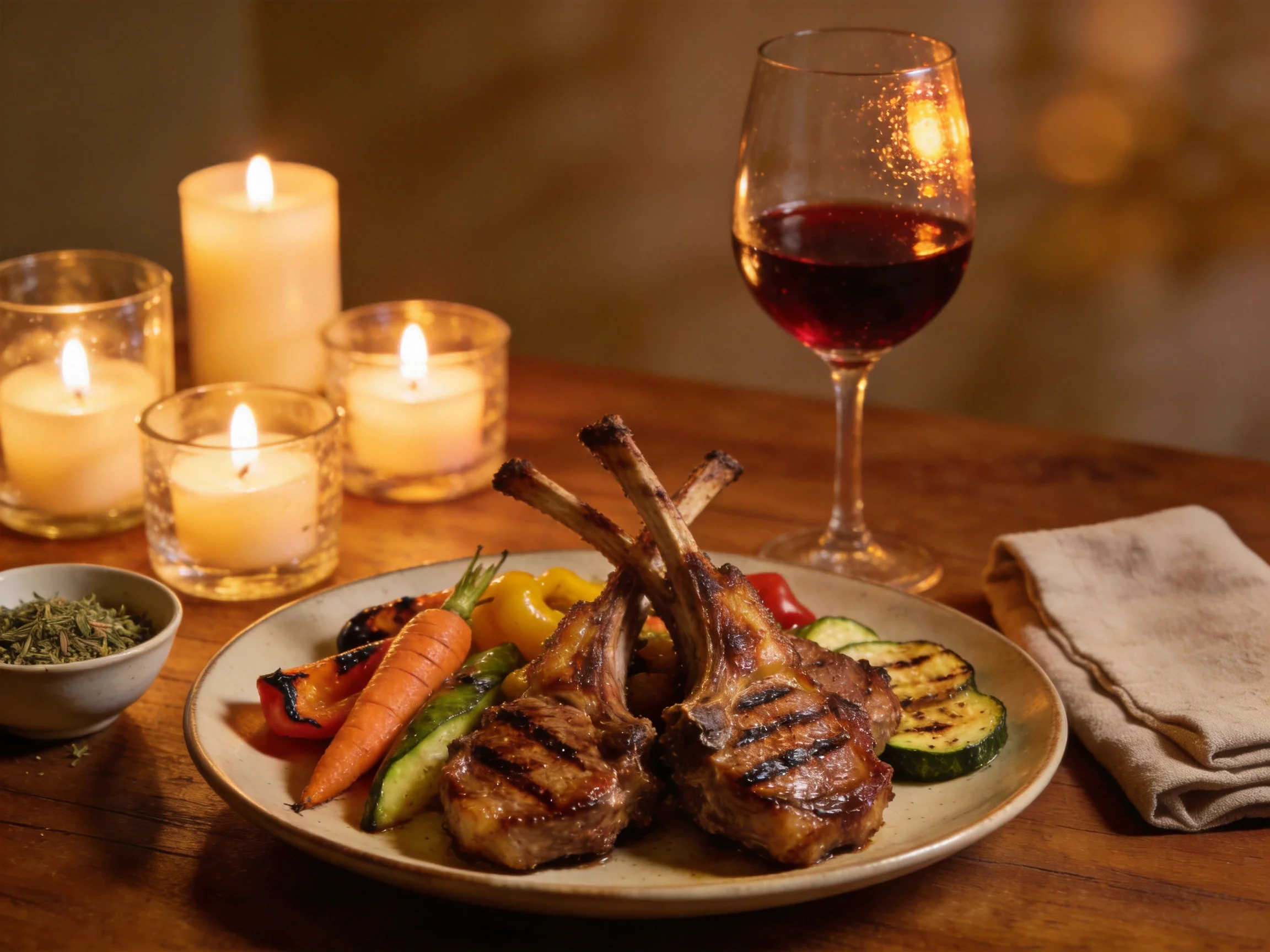 Grilled lamb chops with vegetables, candles, and red wine on a wooden table