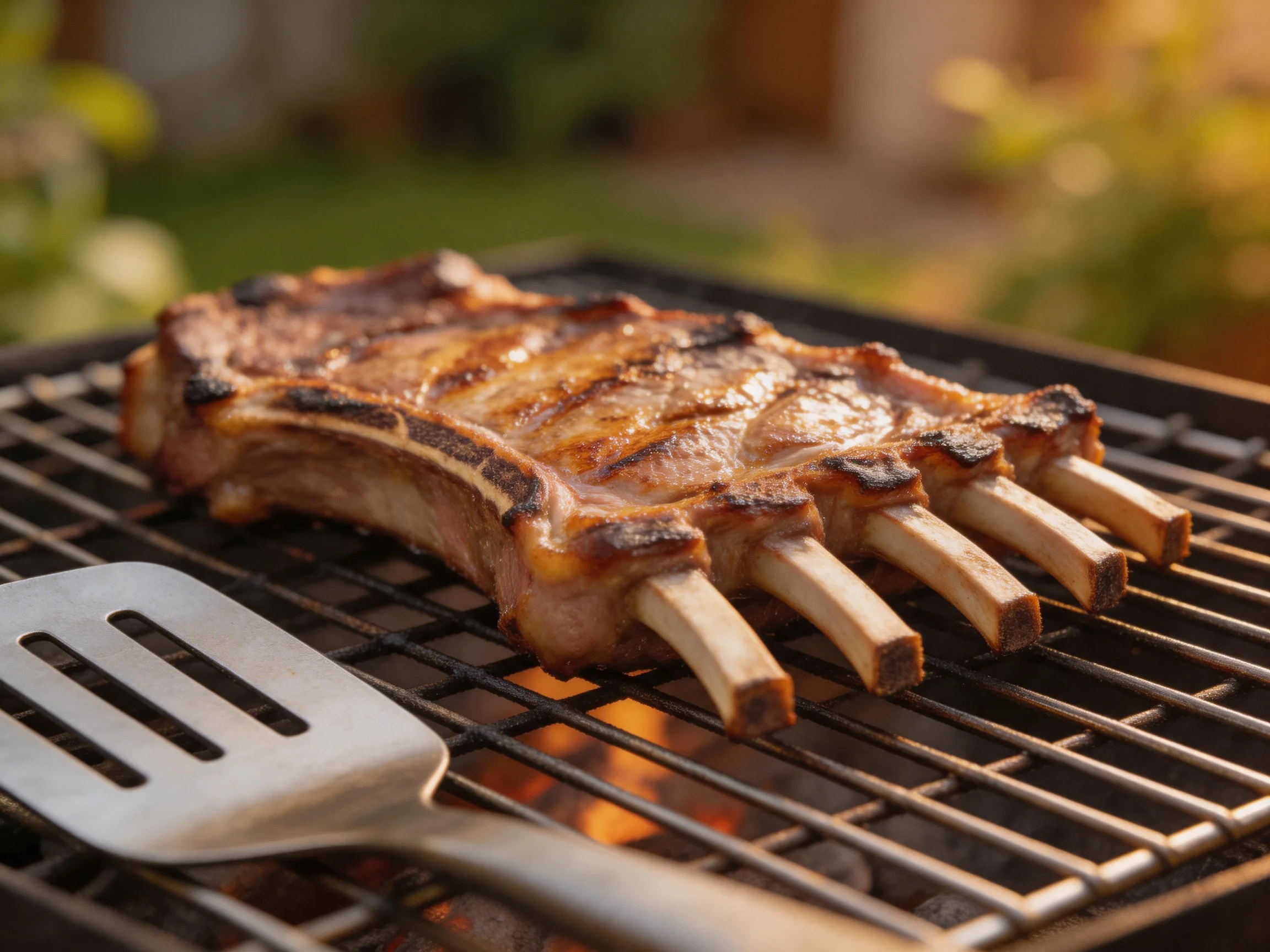 Grilled lamb rack with charred edges on an outdoor barbecue