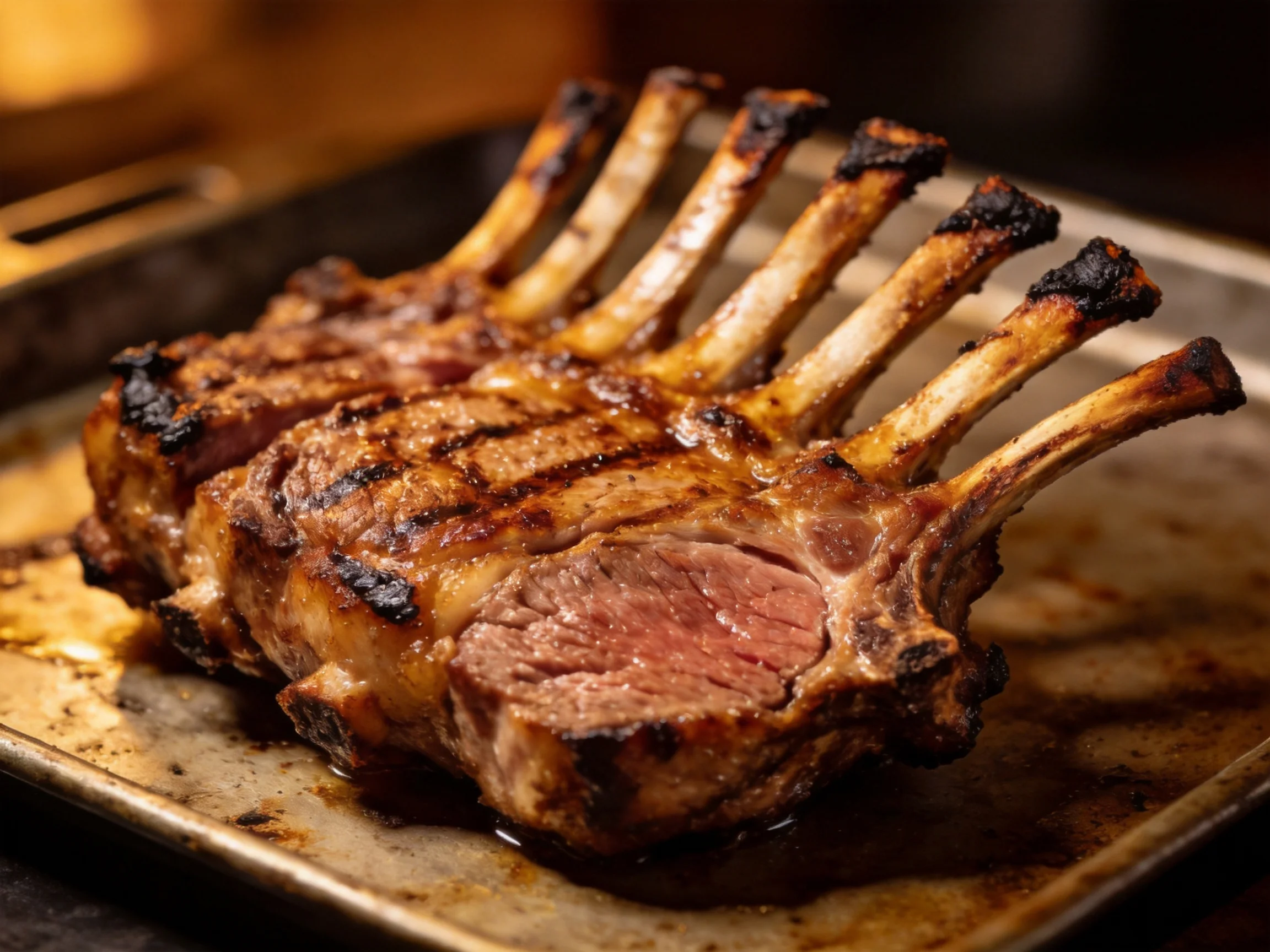 Grilled lamb racks with caramelized bone tips and juicy meat