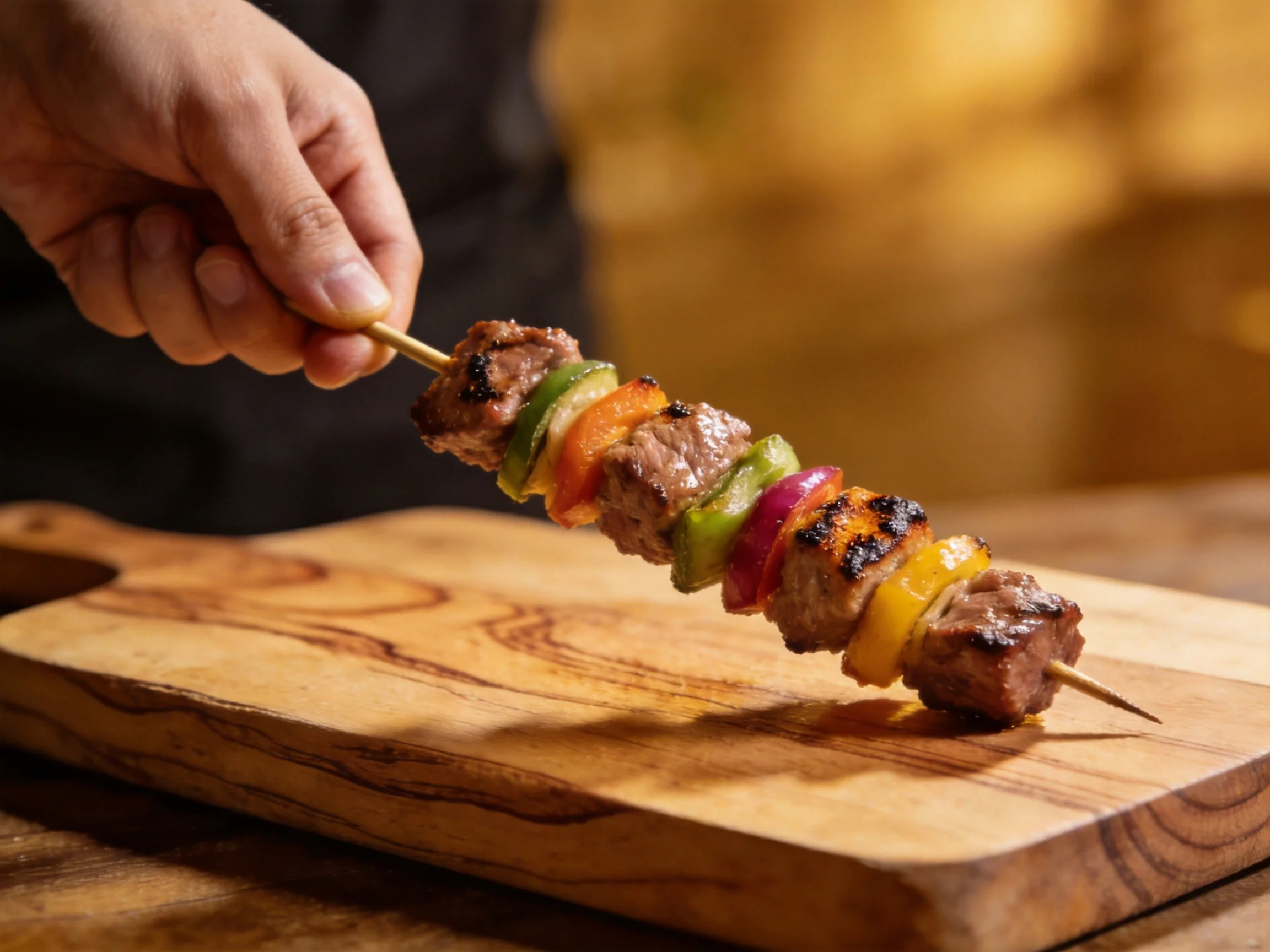 Grilled meat and colorful vegetable skewer on wooden cutting board
