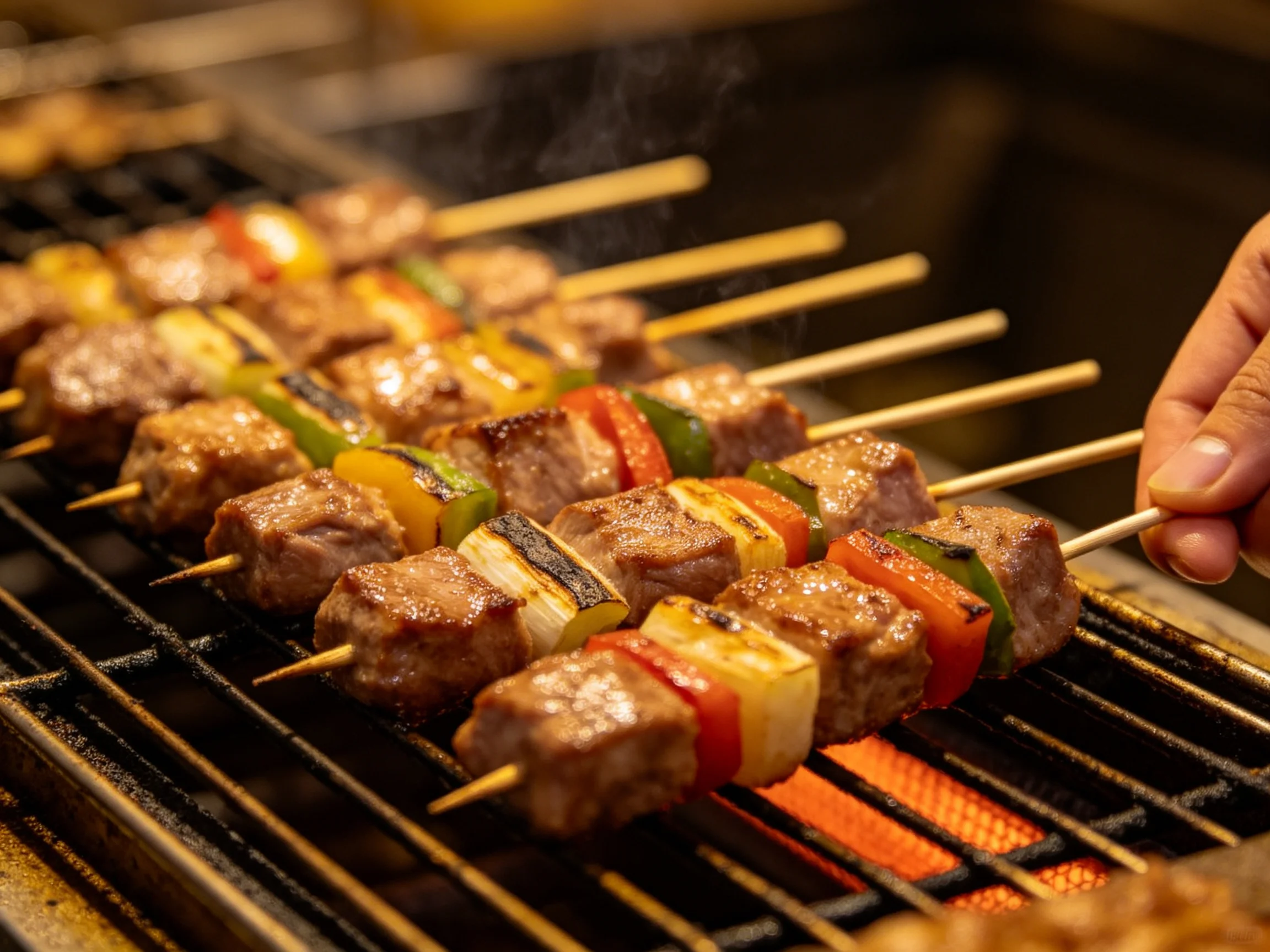 Grilled meat and colorful vegetable skewers cooking over a hot grill
