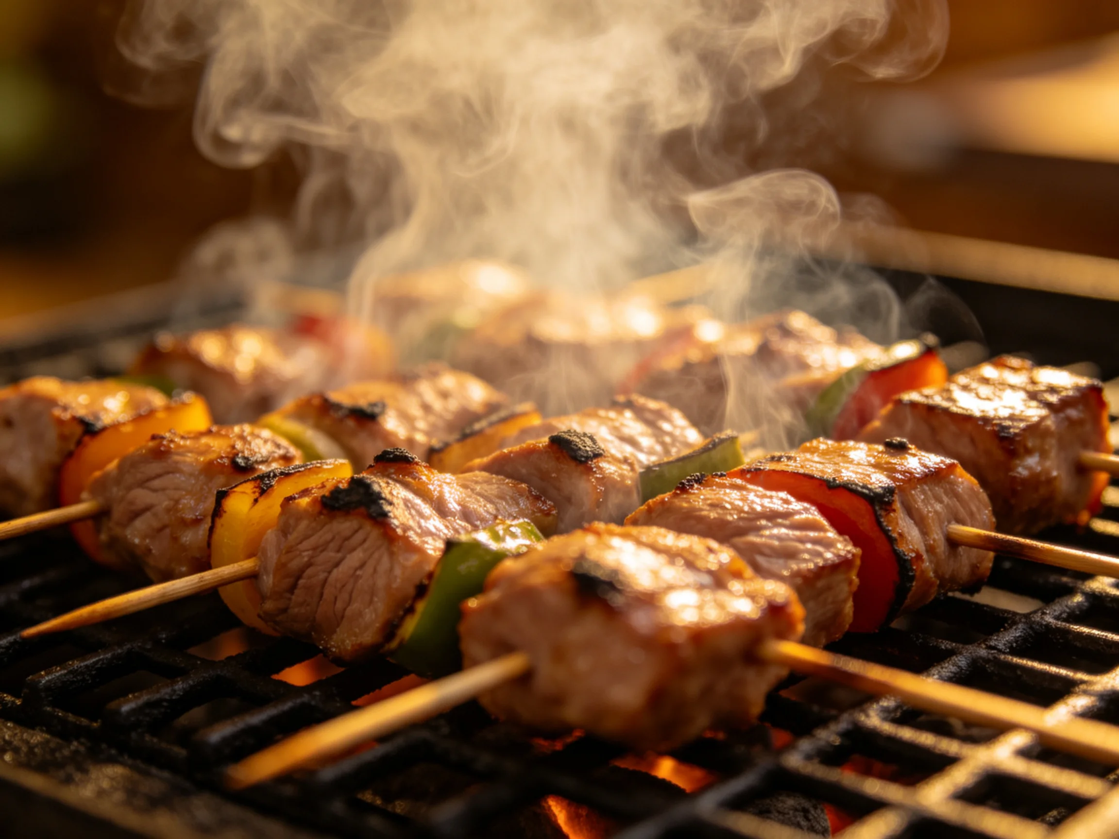Grilled meat and colorful vegetable skewers cooking over an open flame