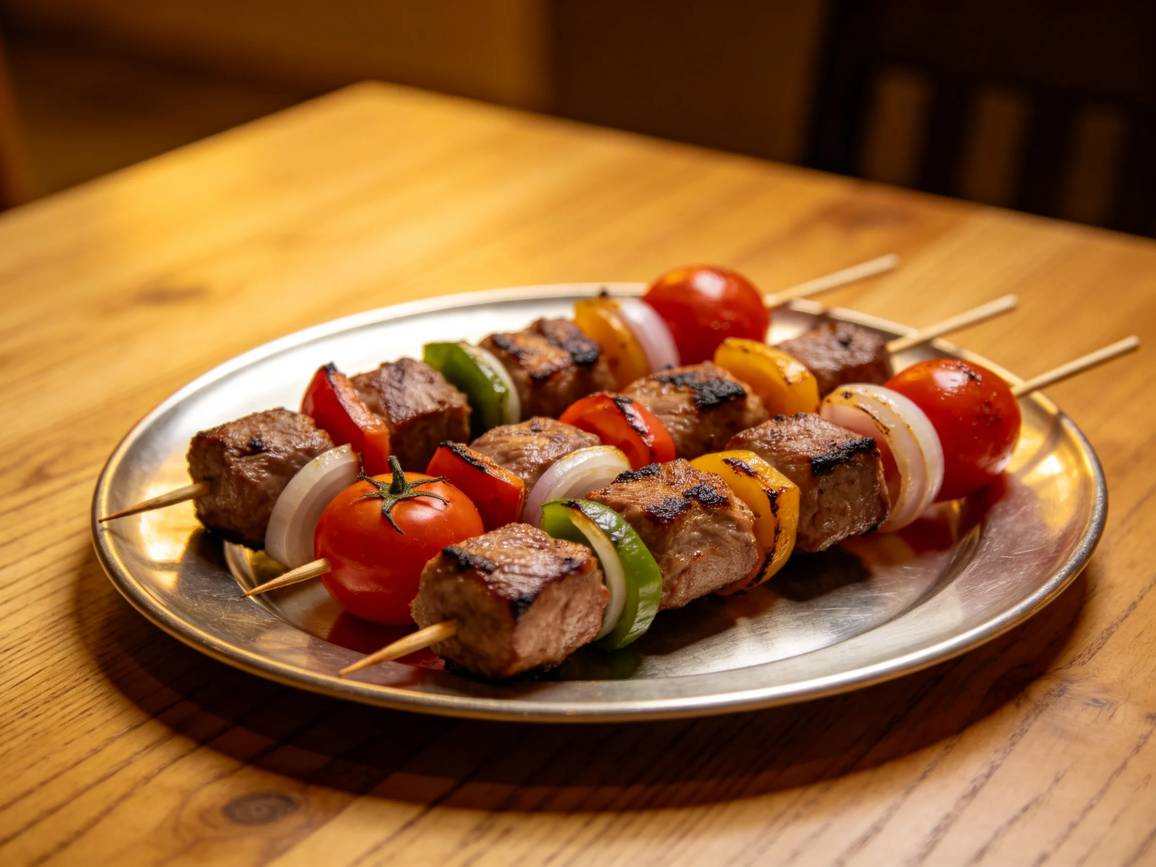 Grilled meat and colorful vegetable skewers on a silver platter