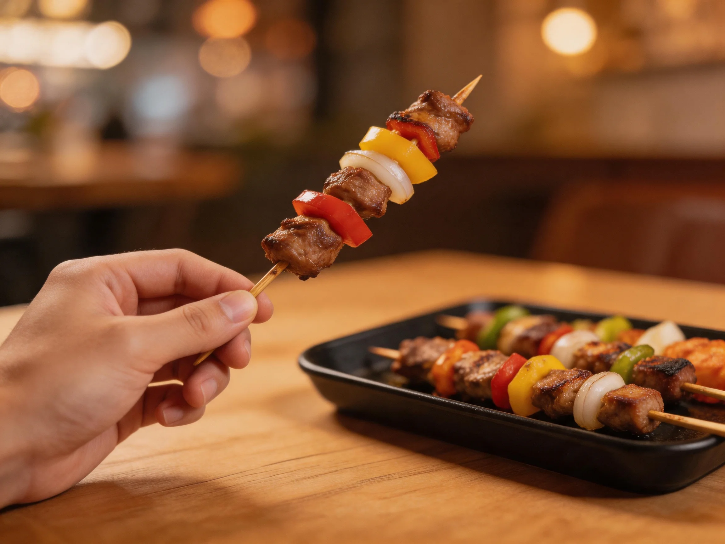 Grilled meat and colorful vegetable skewers on a wooden table