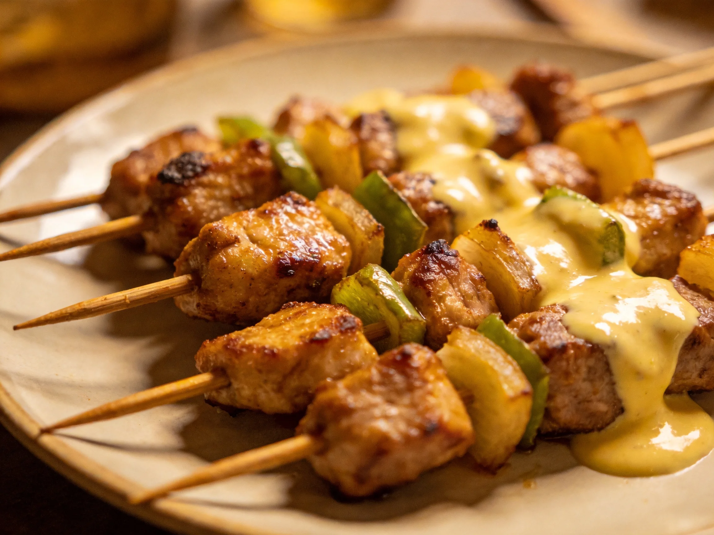 Grilled meat and fruit skewers drizzled with creamy yellow sauce