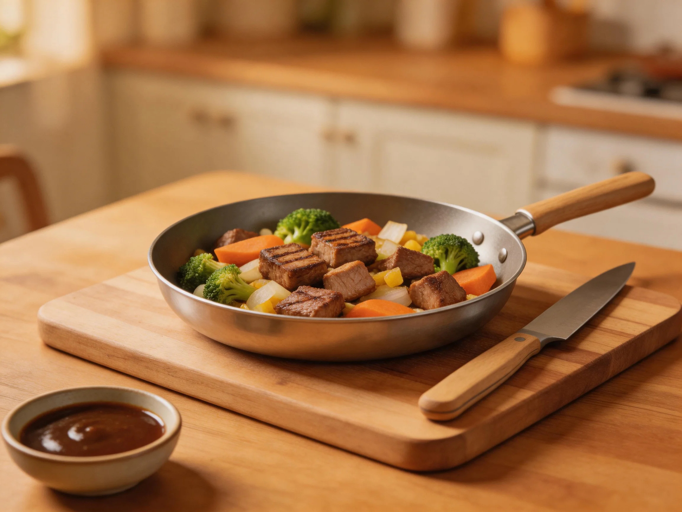 Grilled meat and mixed vegetables in a skillet on a wooden cutting board