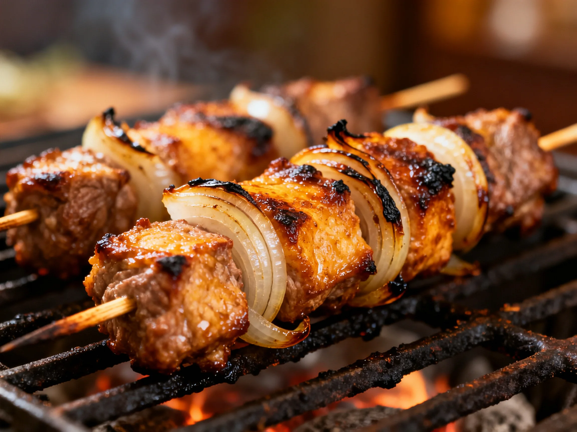 Grilled meat and onion skewers sizzle over glowing embers