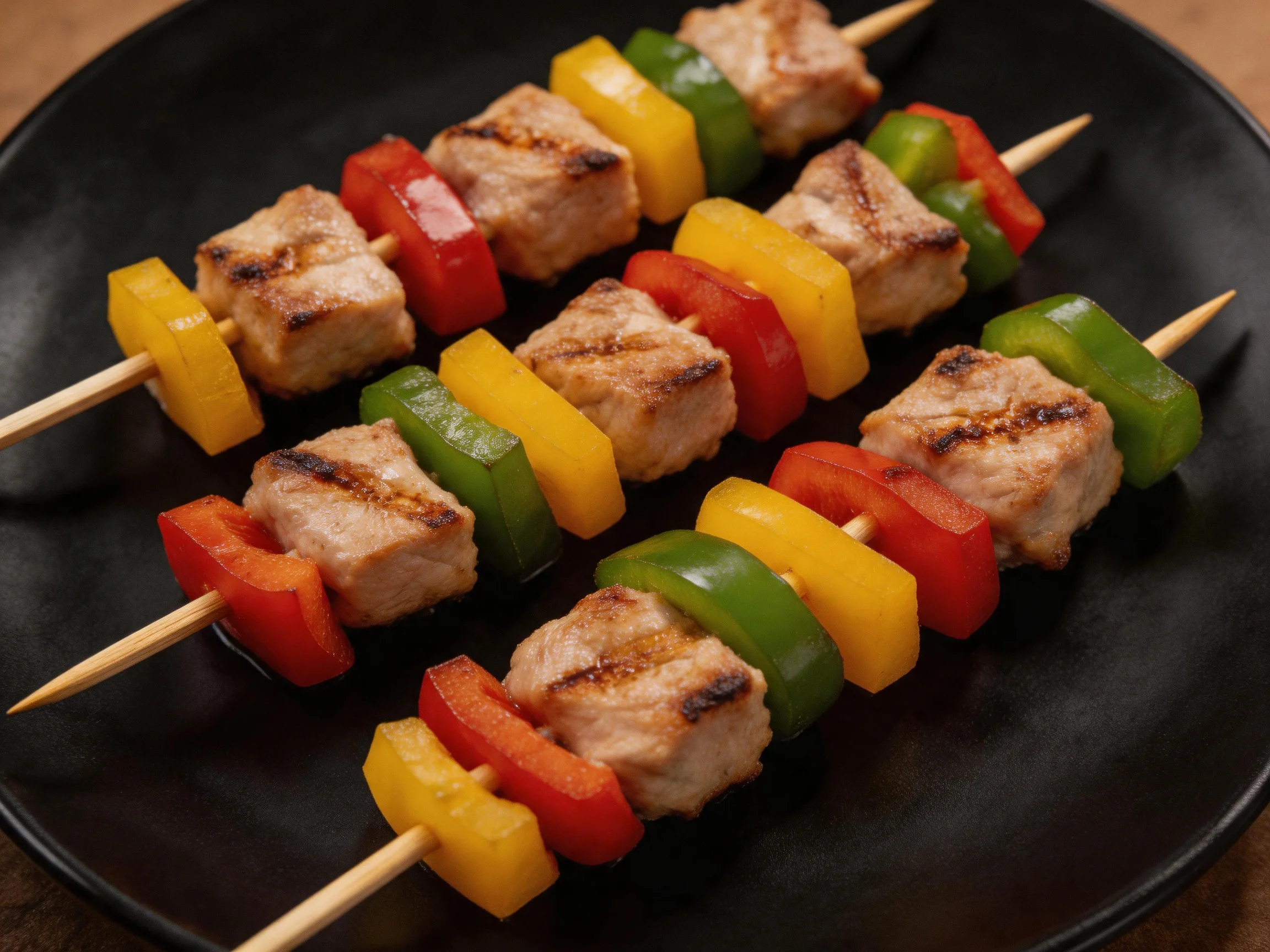 Grilled meat and pepper kebabs on a black plate