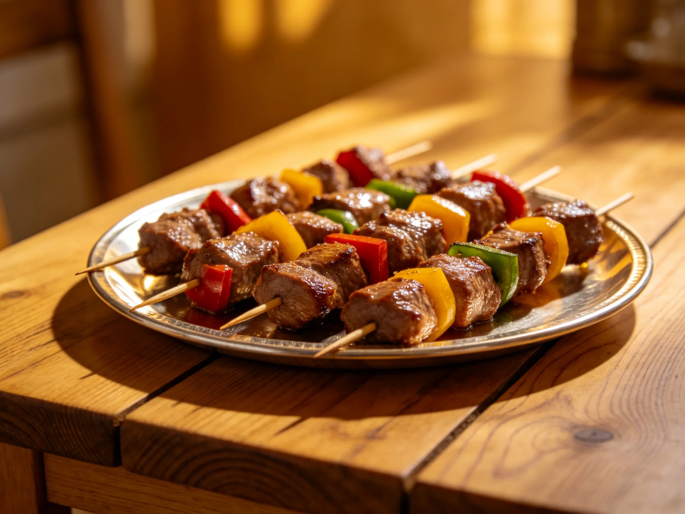 Grilled meat and pepper skewers on a silver platter