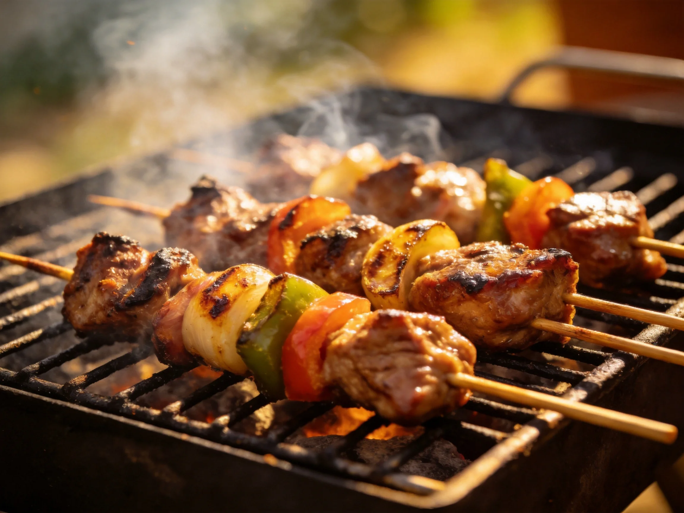 Grilled meat and vegetable skewers cook over a smoky grill