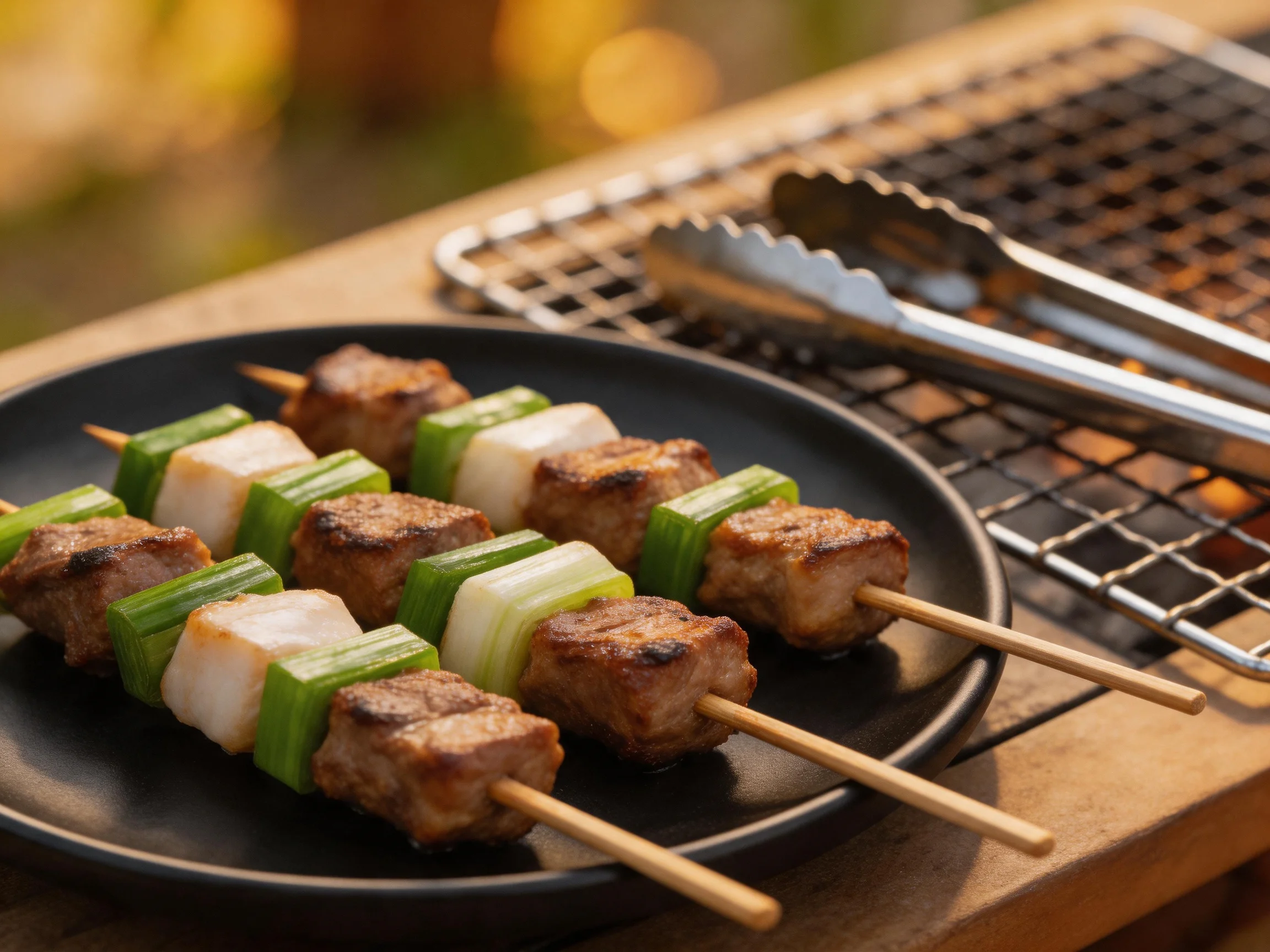 Grilled meat and vegetable skewers on a black plate near a metal grill
