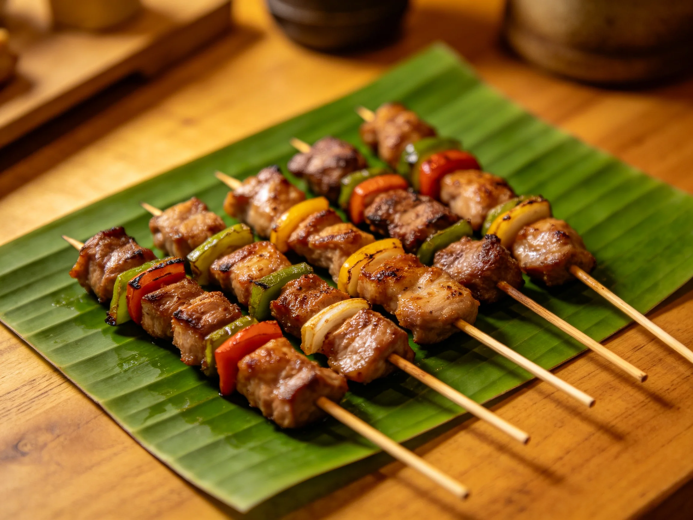 Grilled meat and vegetable skewers on a green banana leaf