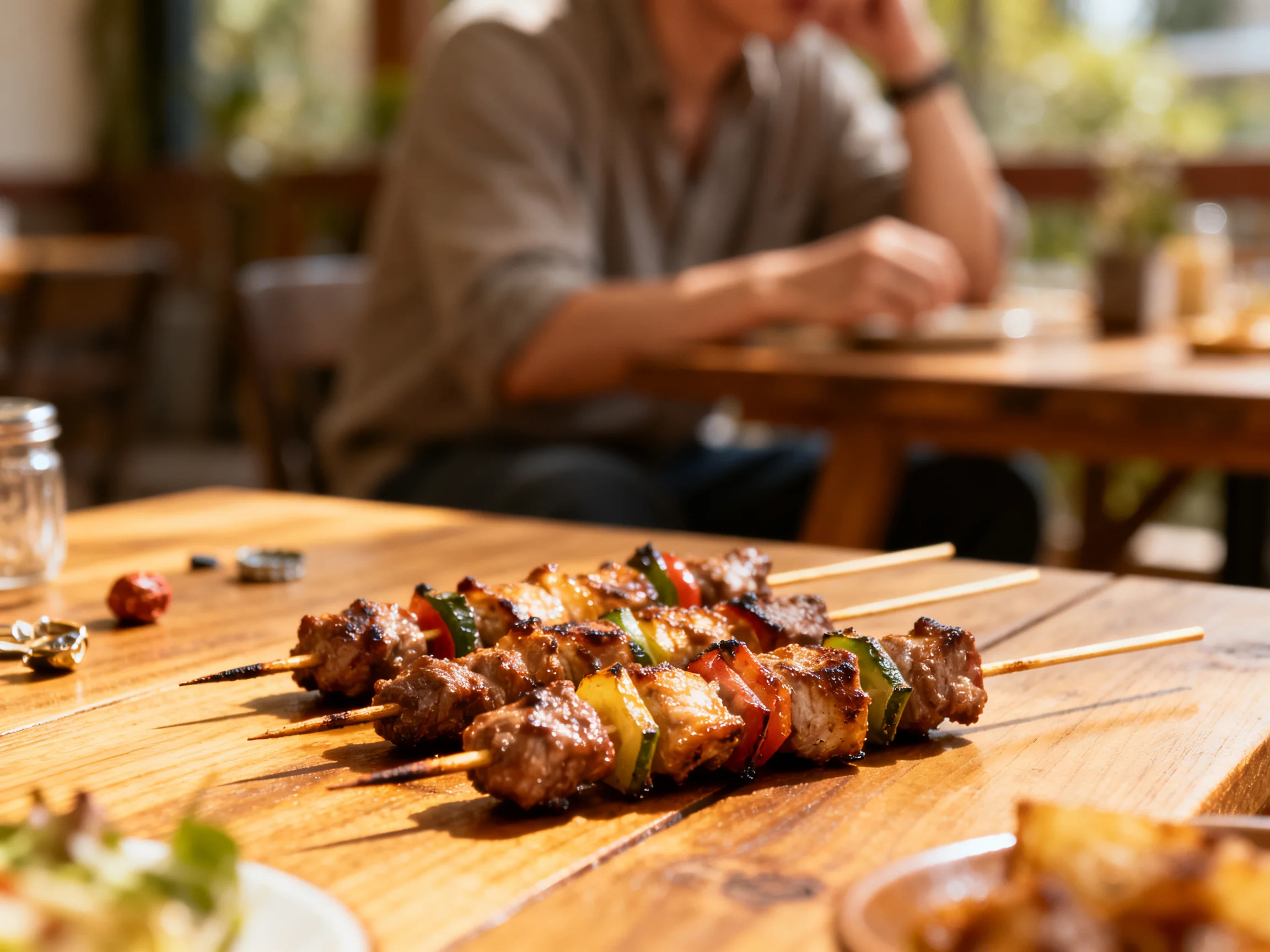 Grilled meat and vegetable skewers on a rustic wooden table in a casual restaurant