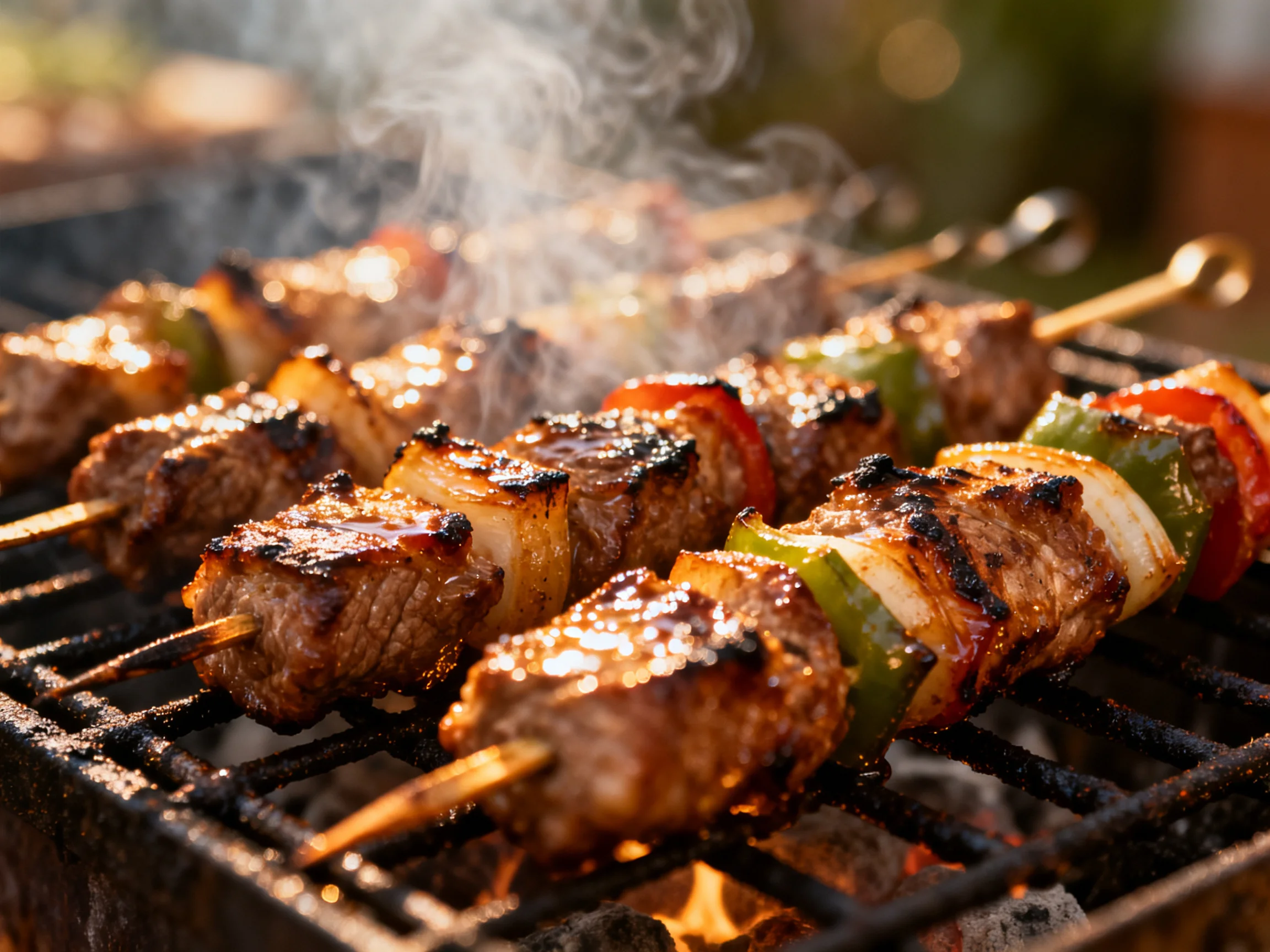 Grilled meat and vegetable skewers sizzling over an open flame