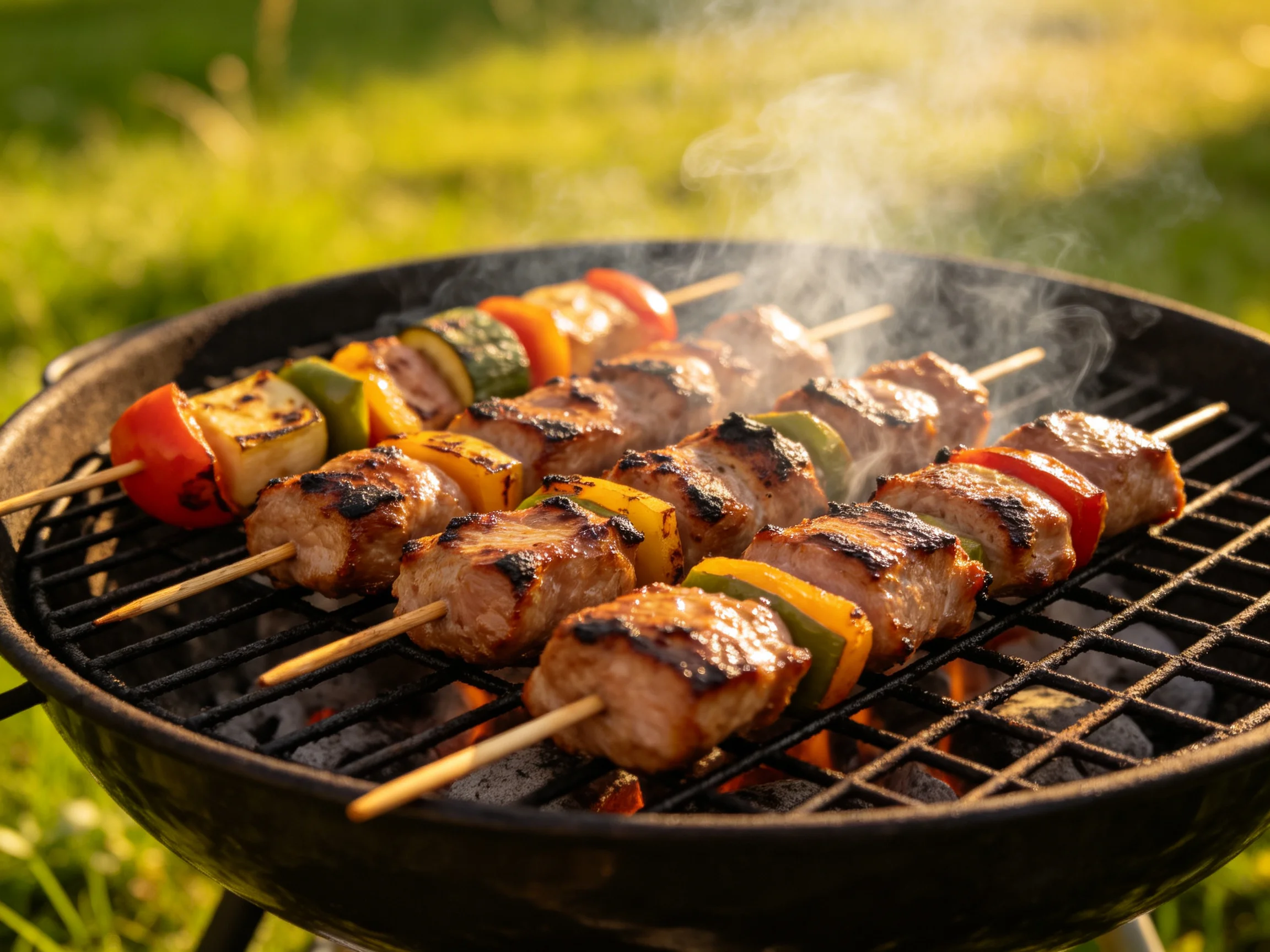 Grilled meat and vegetable skewers sizzling over charcoal outdoors
