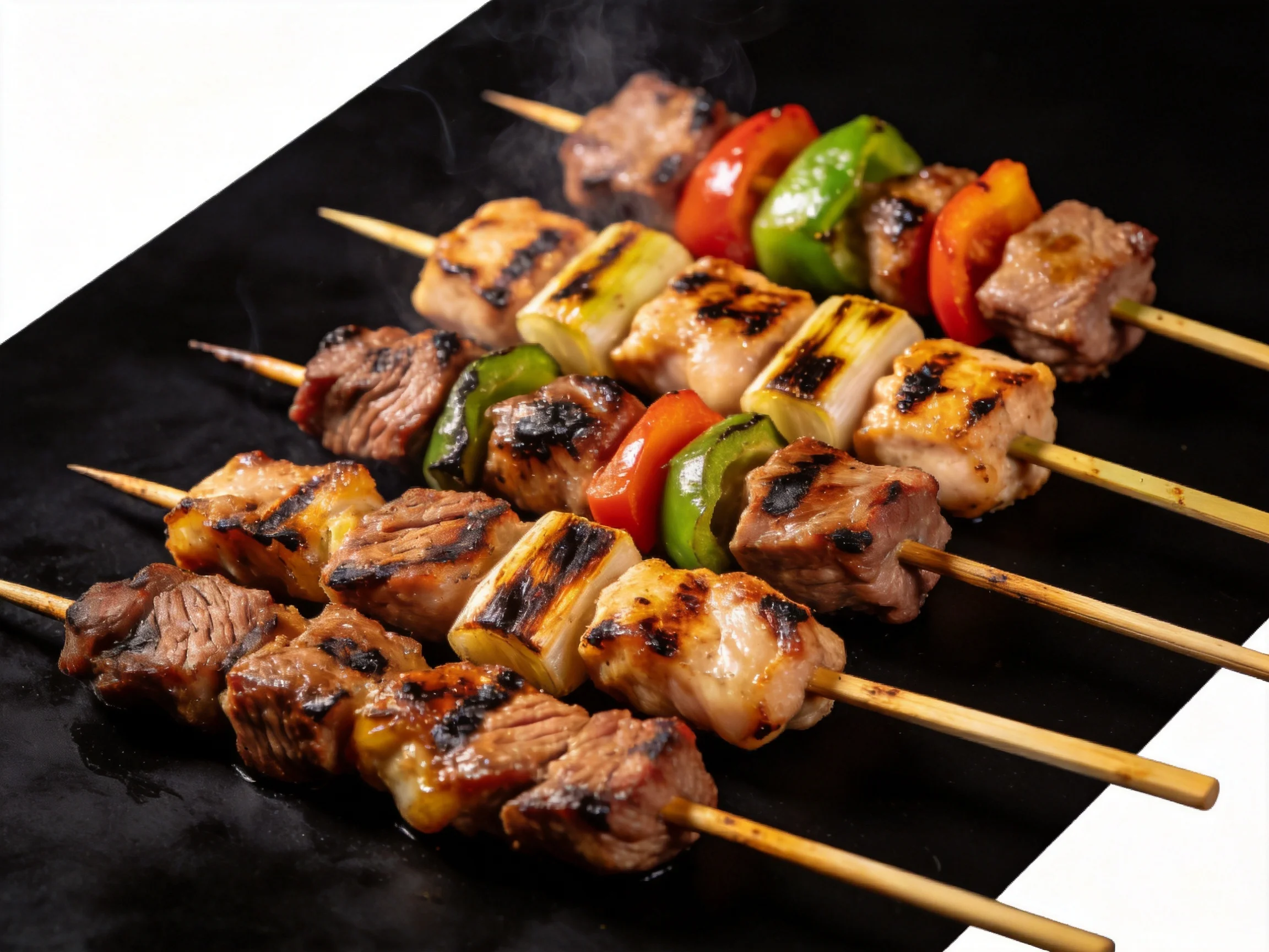 Grilled meat and vegetable skewers with vibrant peppers and onions