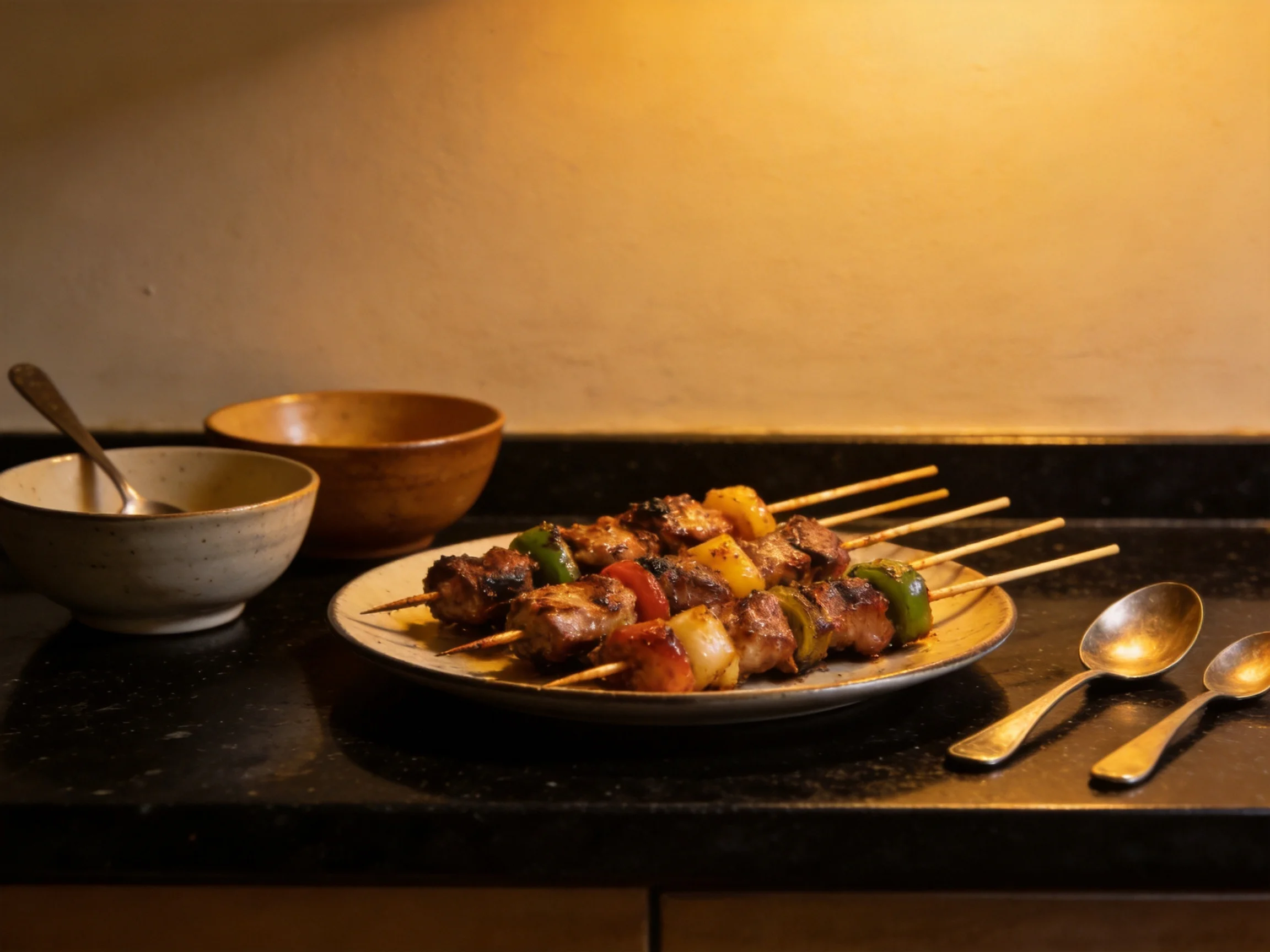 Grilled meat and veggie skewers with wooden bowls