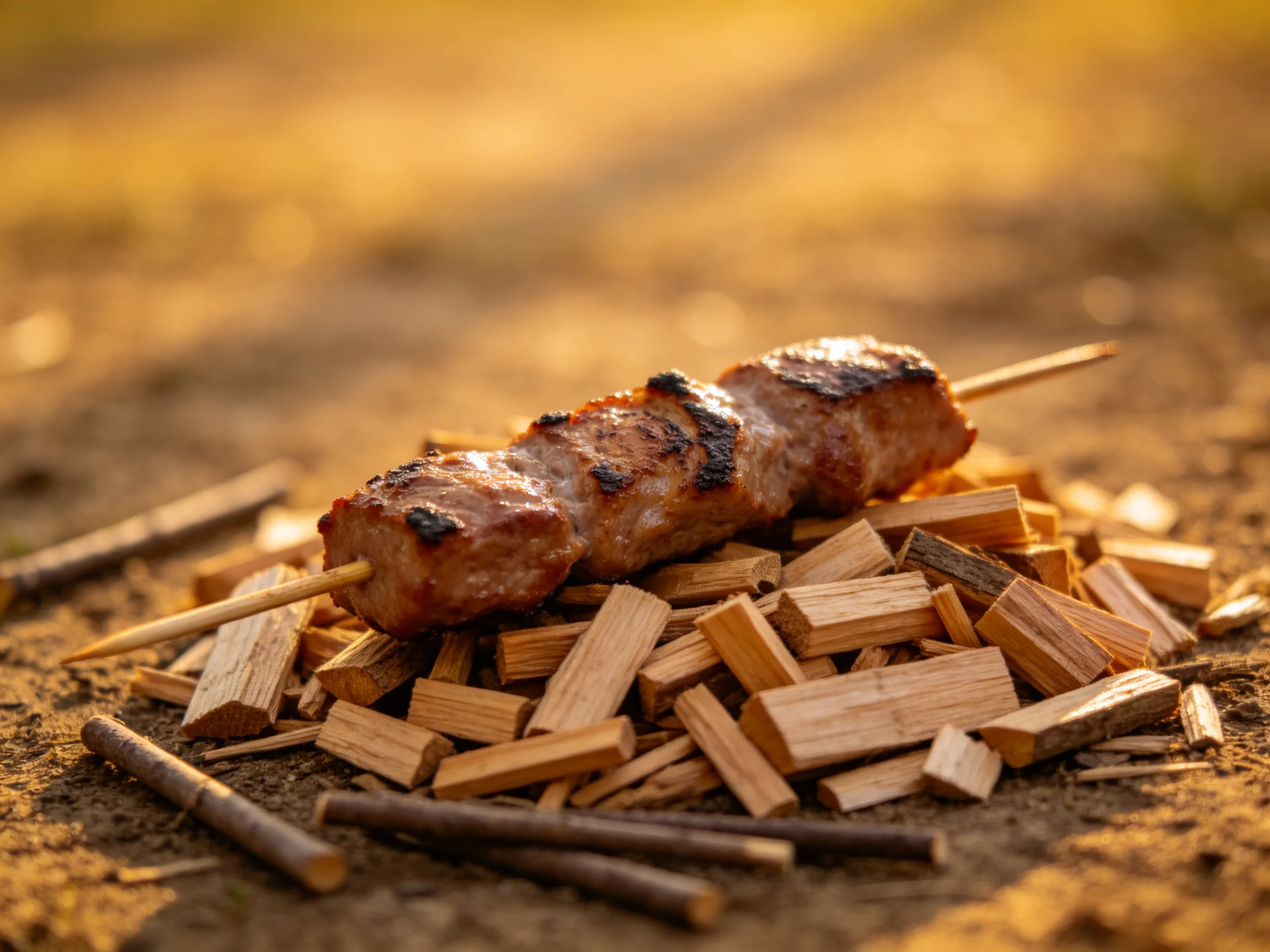 Grilled meat skewer on scattered wooden chunks in golden outdoor light