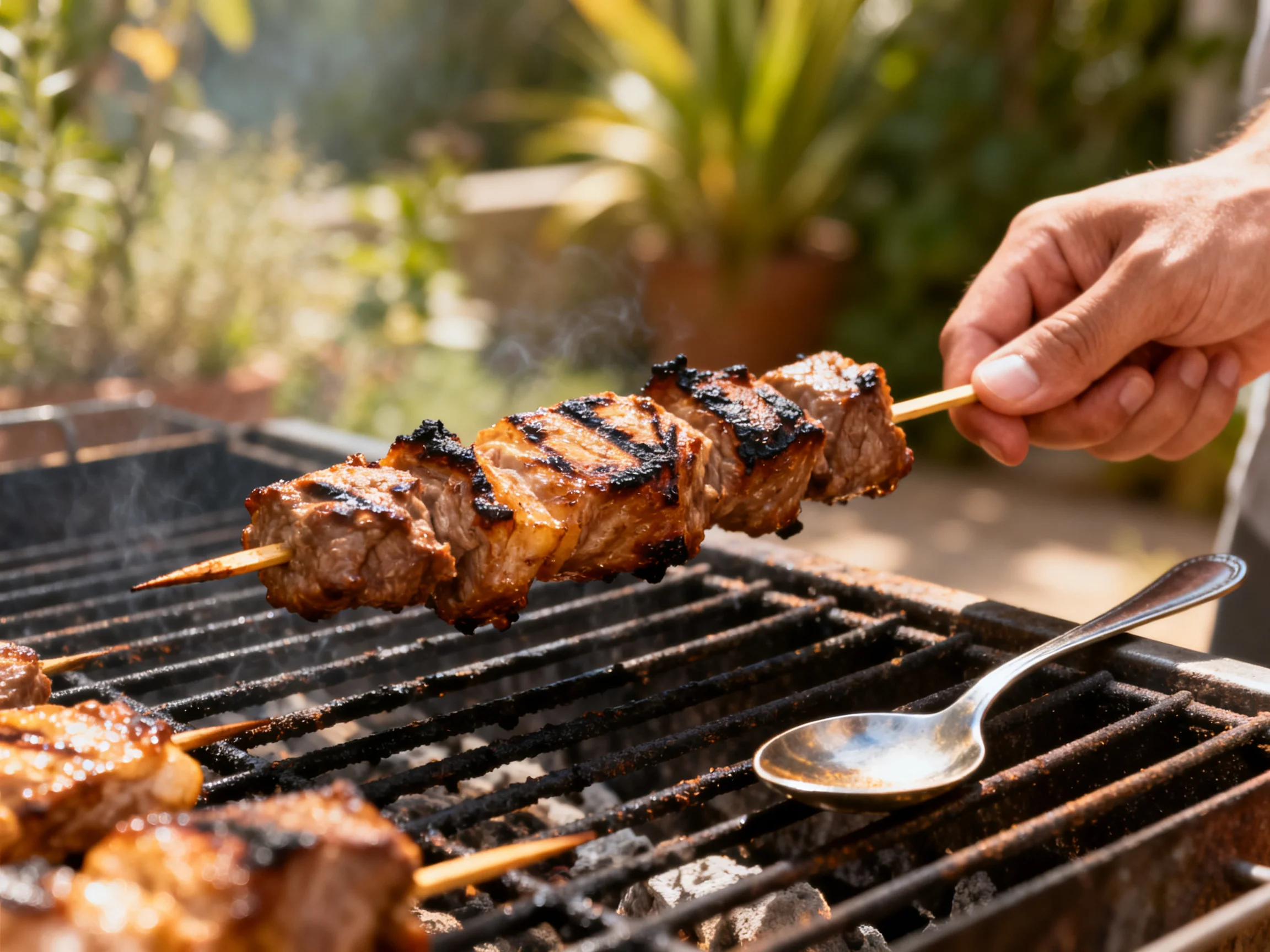 Grilled meat skewers cooking over an outdoor charcoal grill