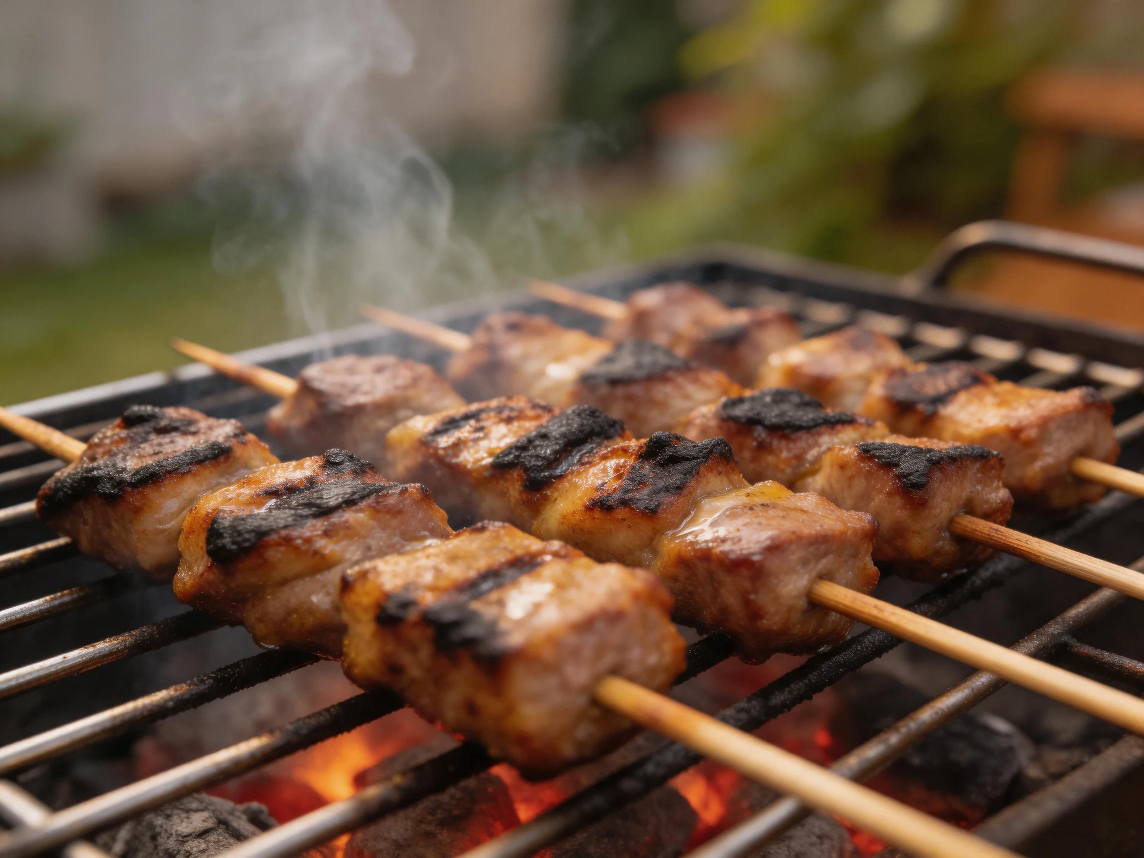 Grilled meat skewers cooking over glowing embers
