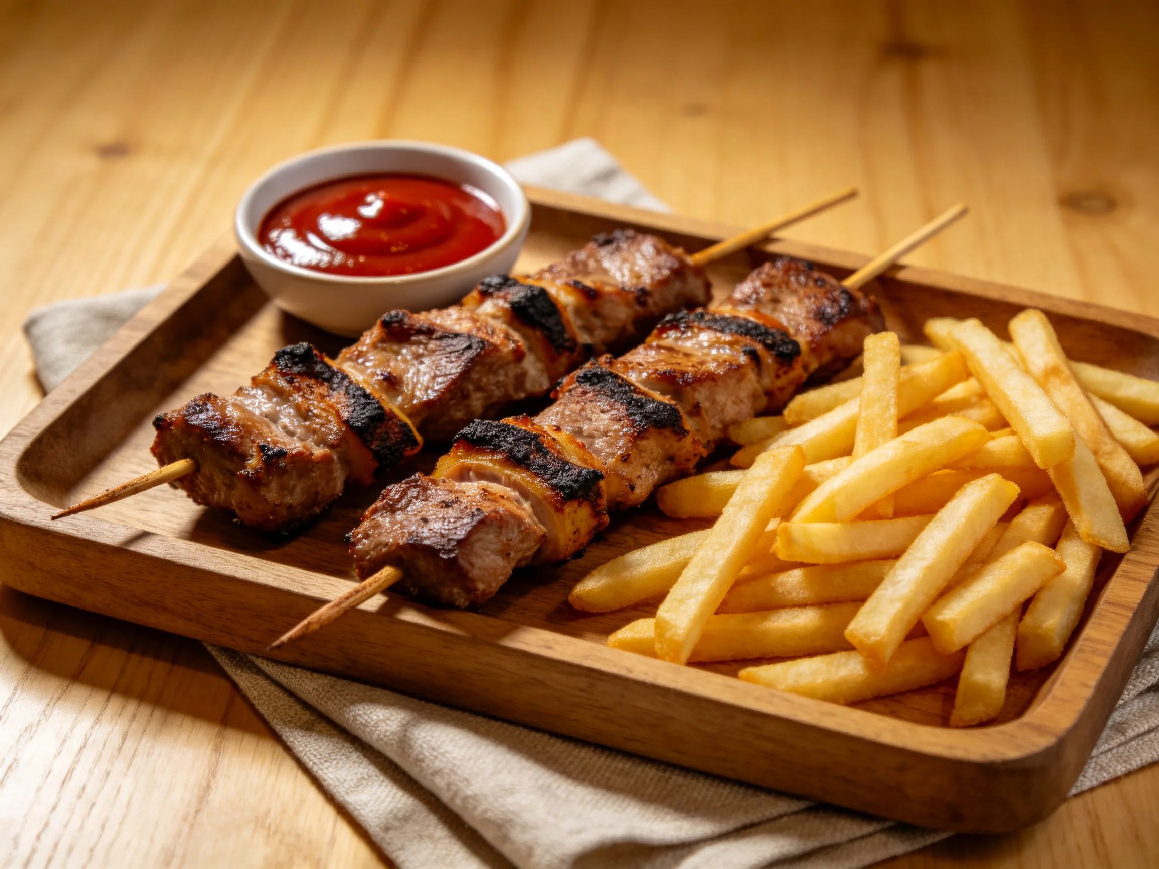 Grilled meat skewers, golden fries, and red ketchup
