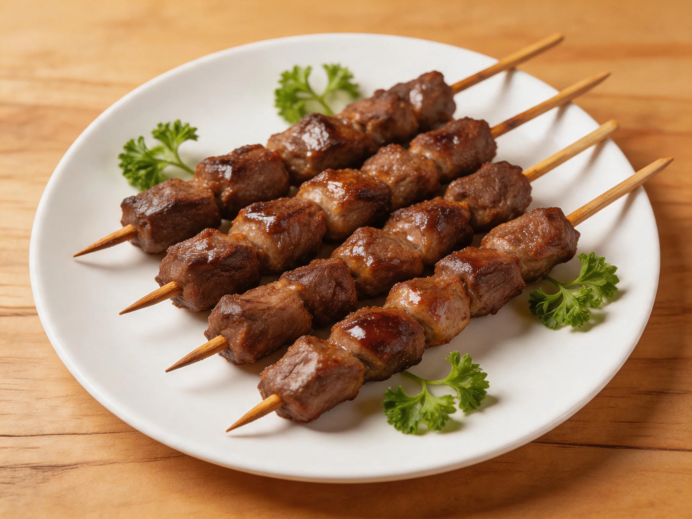 Grilled meat skewers presented on a white plate with parsley