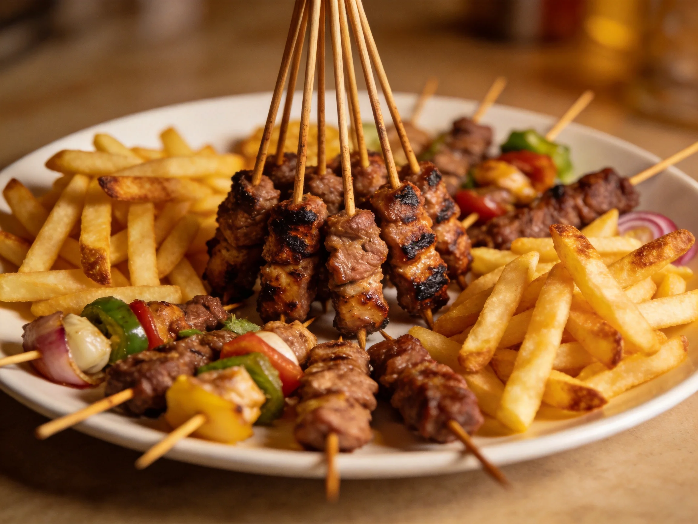 Grilled meat skewers served with golden French fries and vegetable kebabs