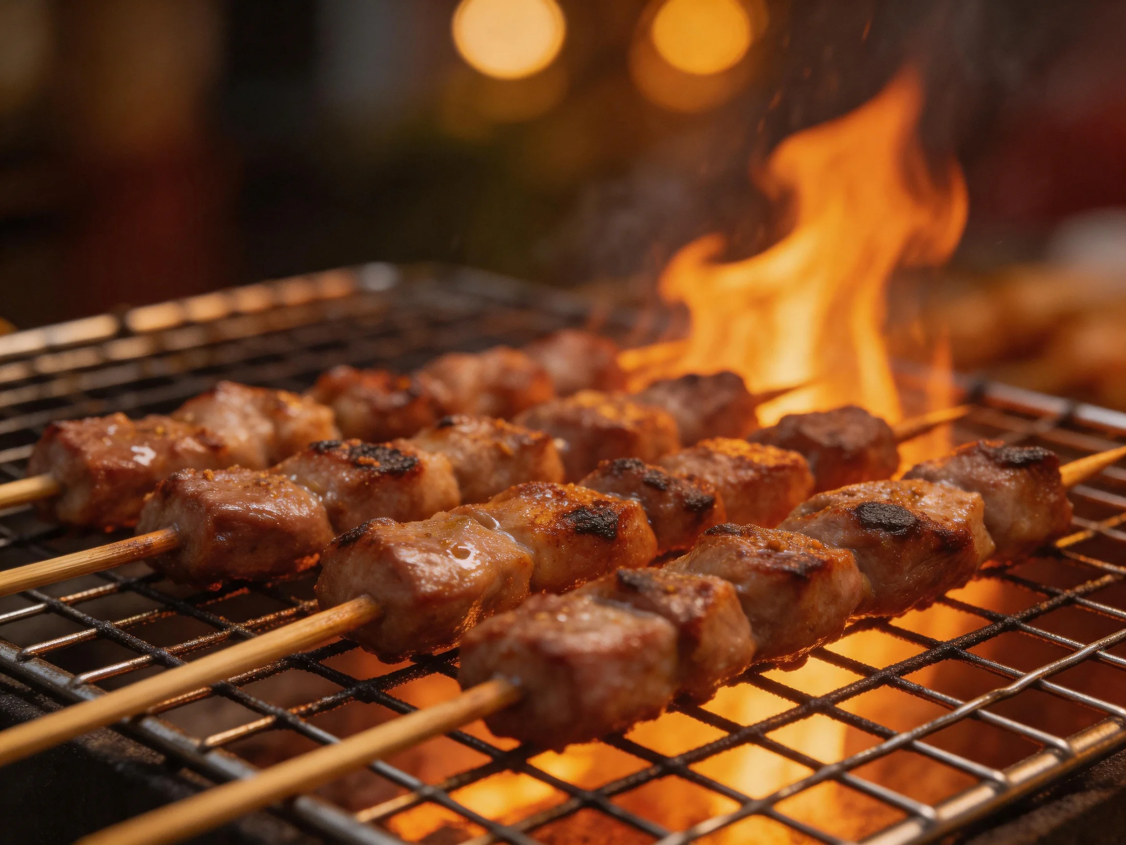 Grilled meat skewers sizzle over bright flames on a metal grill
