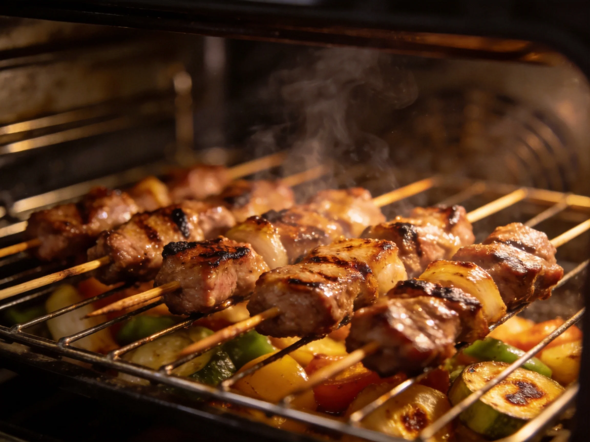 Grilled meat skewers with colorful vegetables baking in an oven
