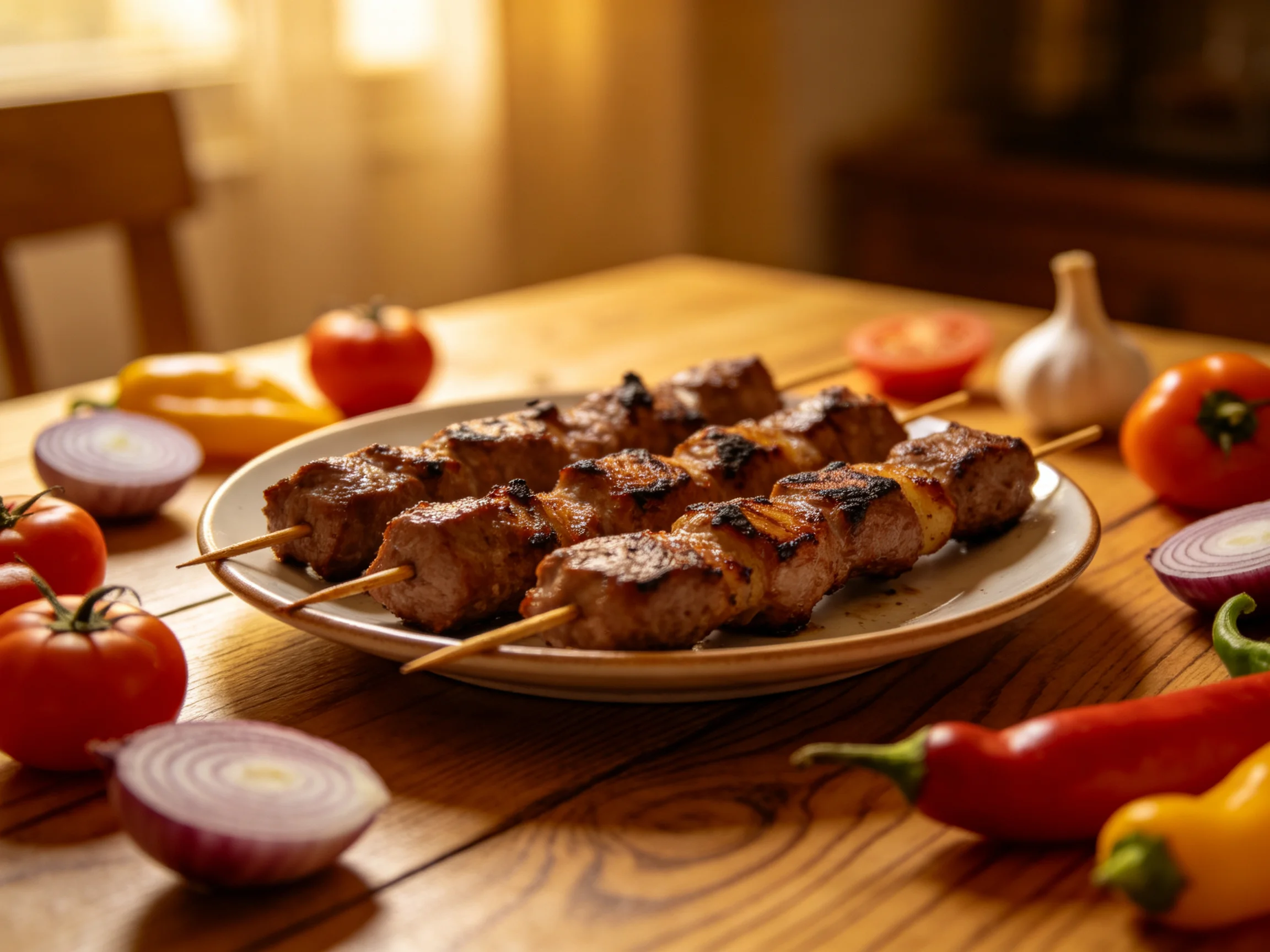 Grilled meat skewers with colorful vegetables on a wooden table