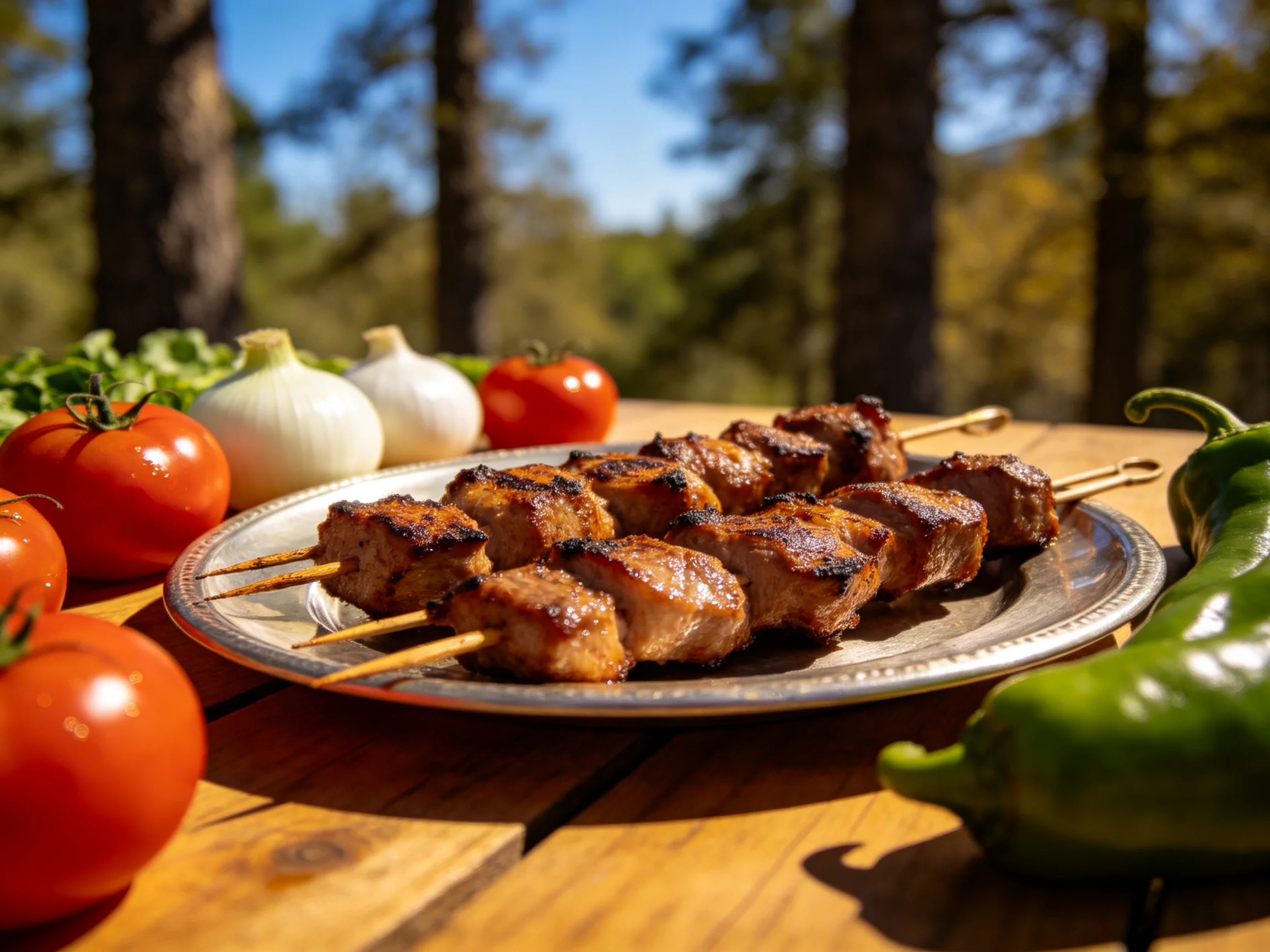 Grilled meat skewers with fresh veggies on a wooden table outdoors