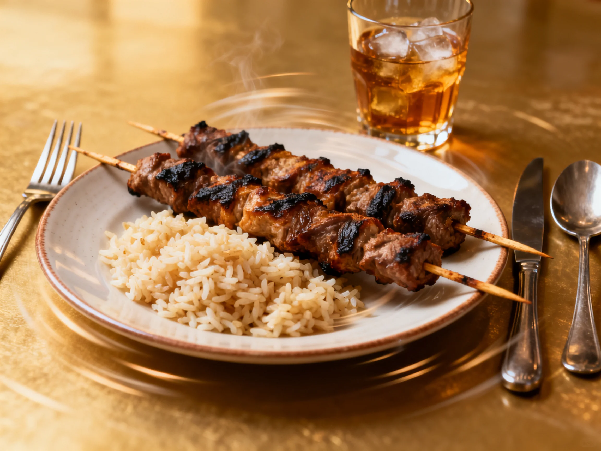 Grilled meat skewers with rice and iced amber beverage
