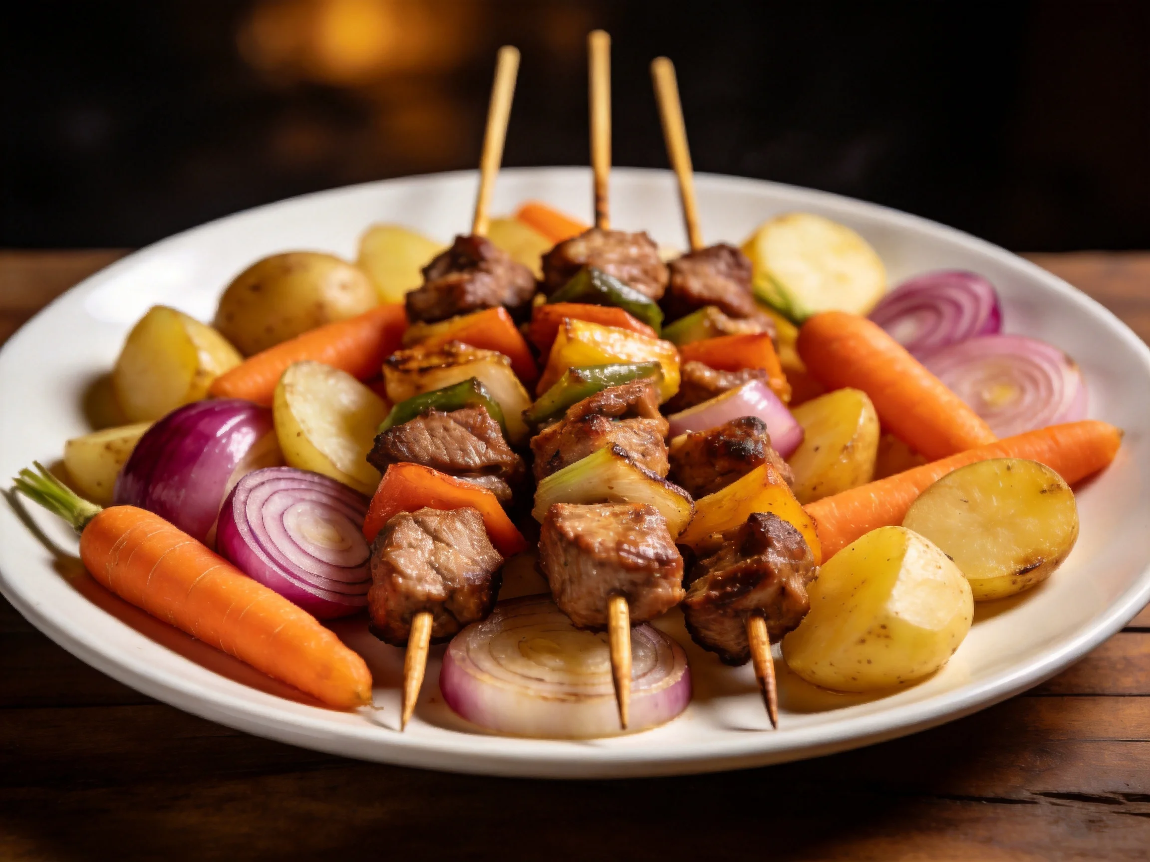 Grilled meat skewers with roasted vegetables on a white plate