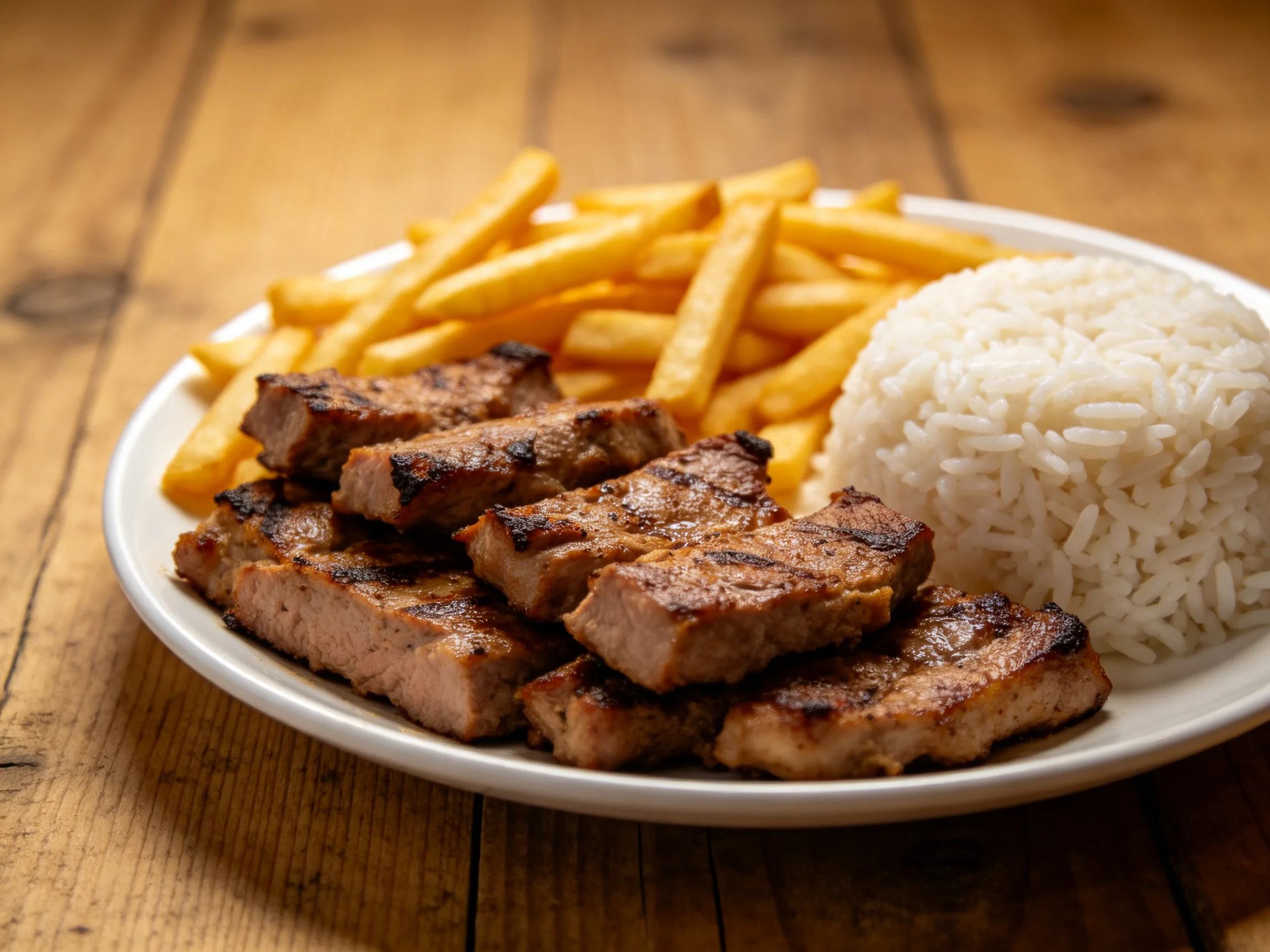 Grilled meat slices, golden fries, and white rice served on a plate